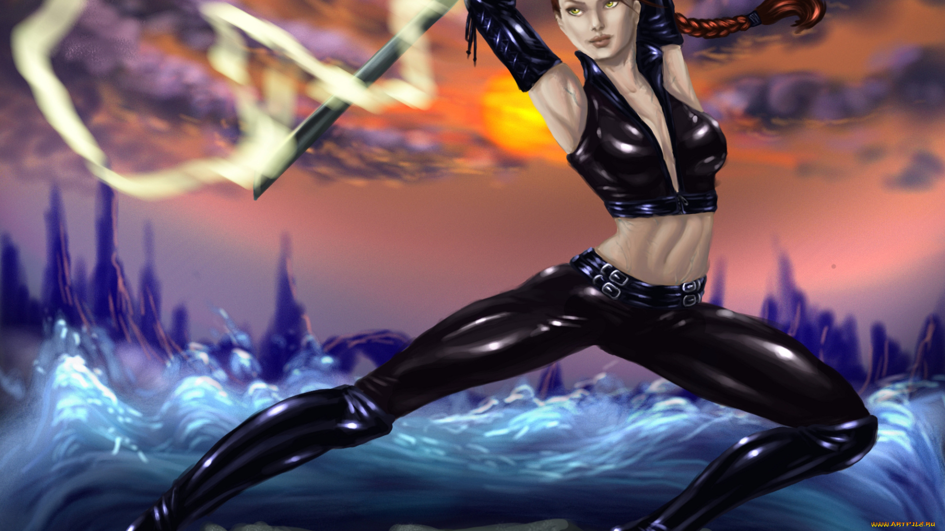 рисованное, комиксы, девушка, униформа, фон, меч, латекс