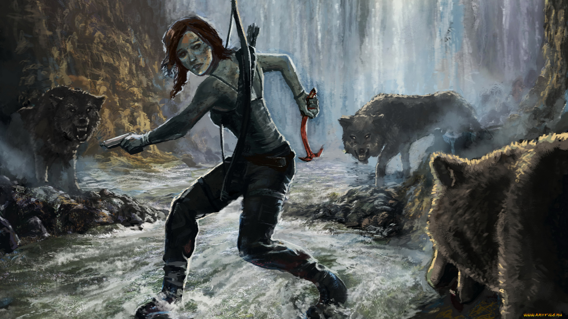 рисованное, комиксы, ледоруб, волк, взгляд, фон, девушка