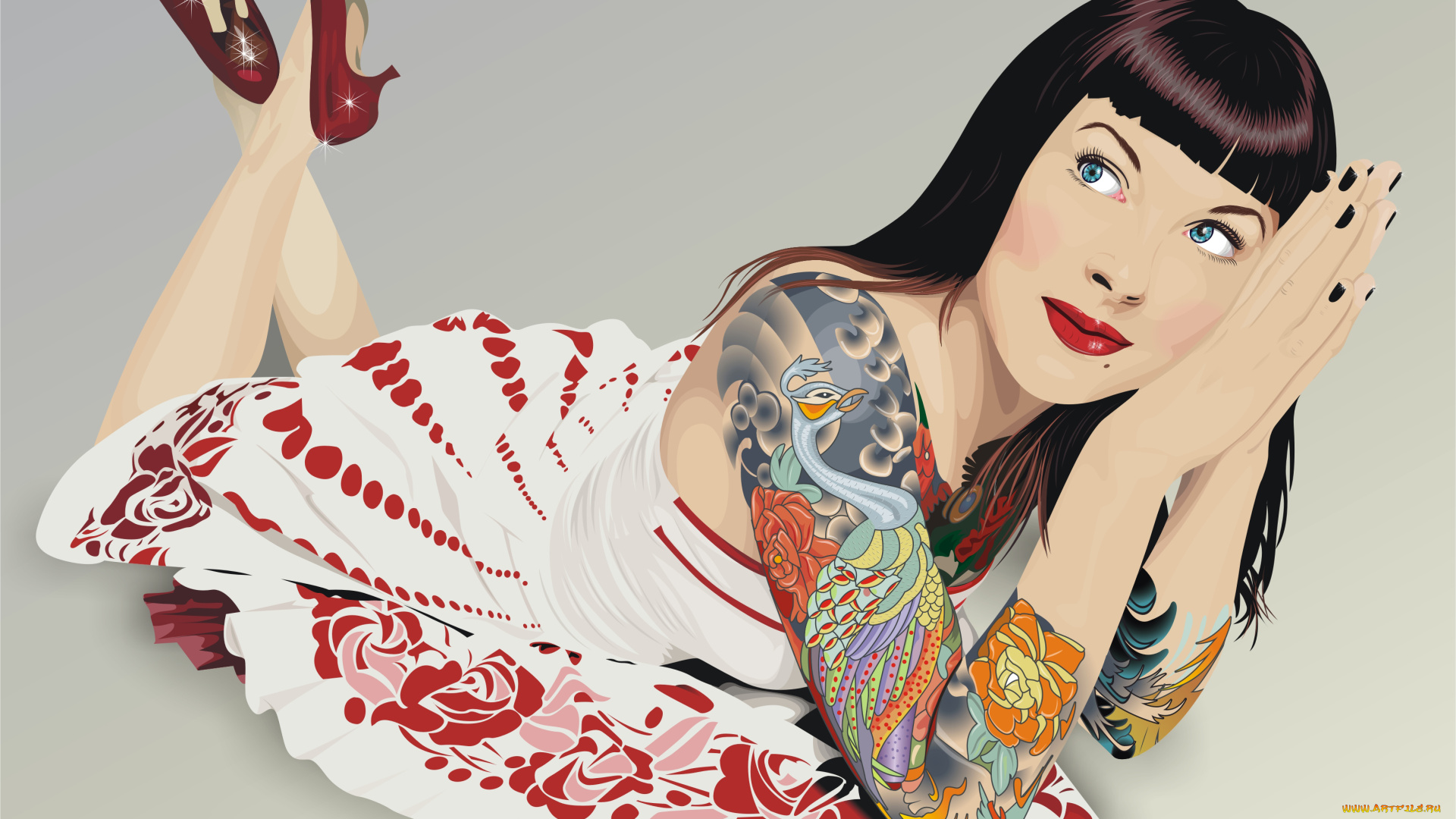 рисованное, люди, взгляд, тату, фон, девушка