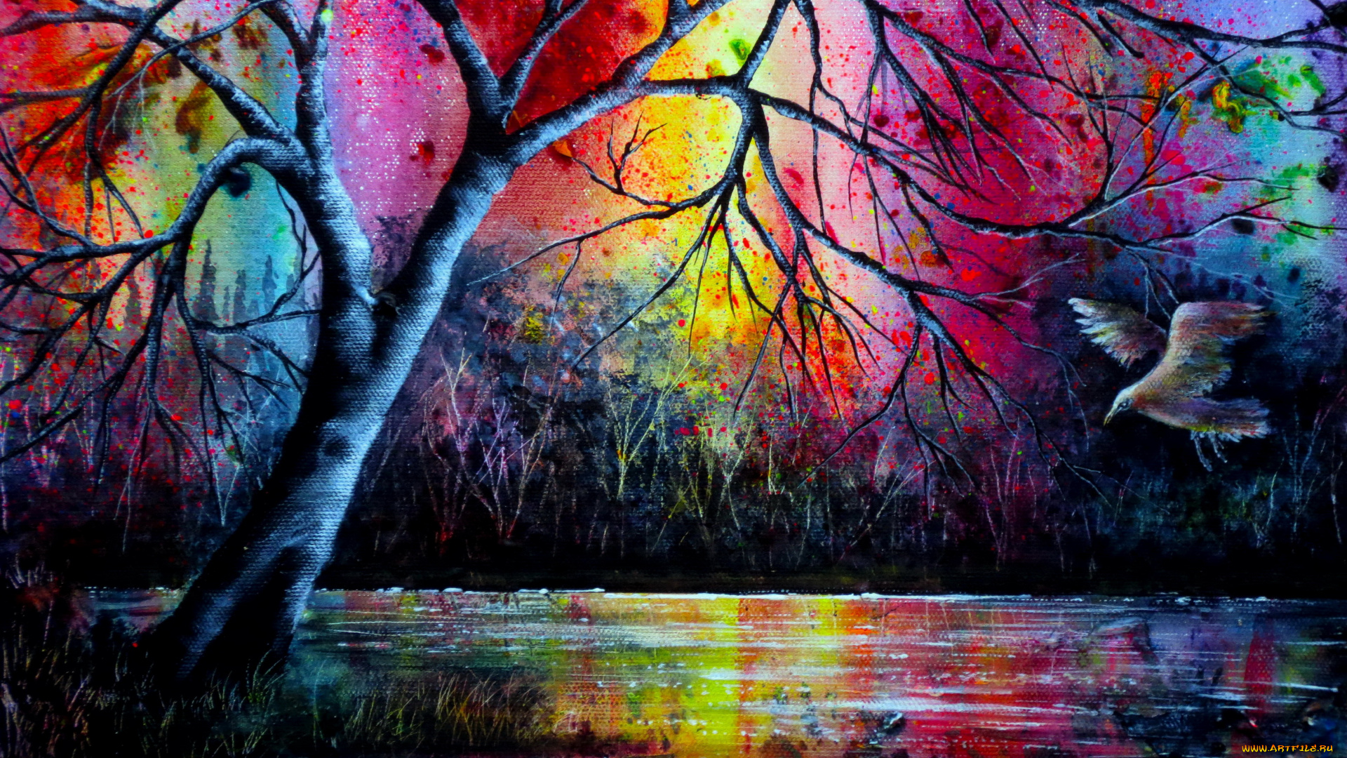 рисованное, природа, птица, фон