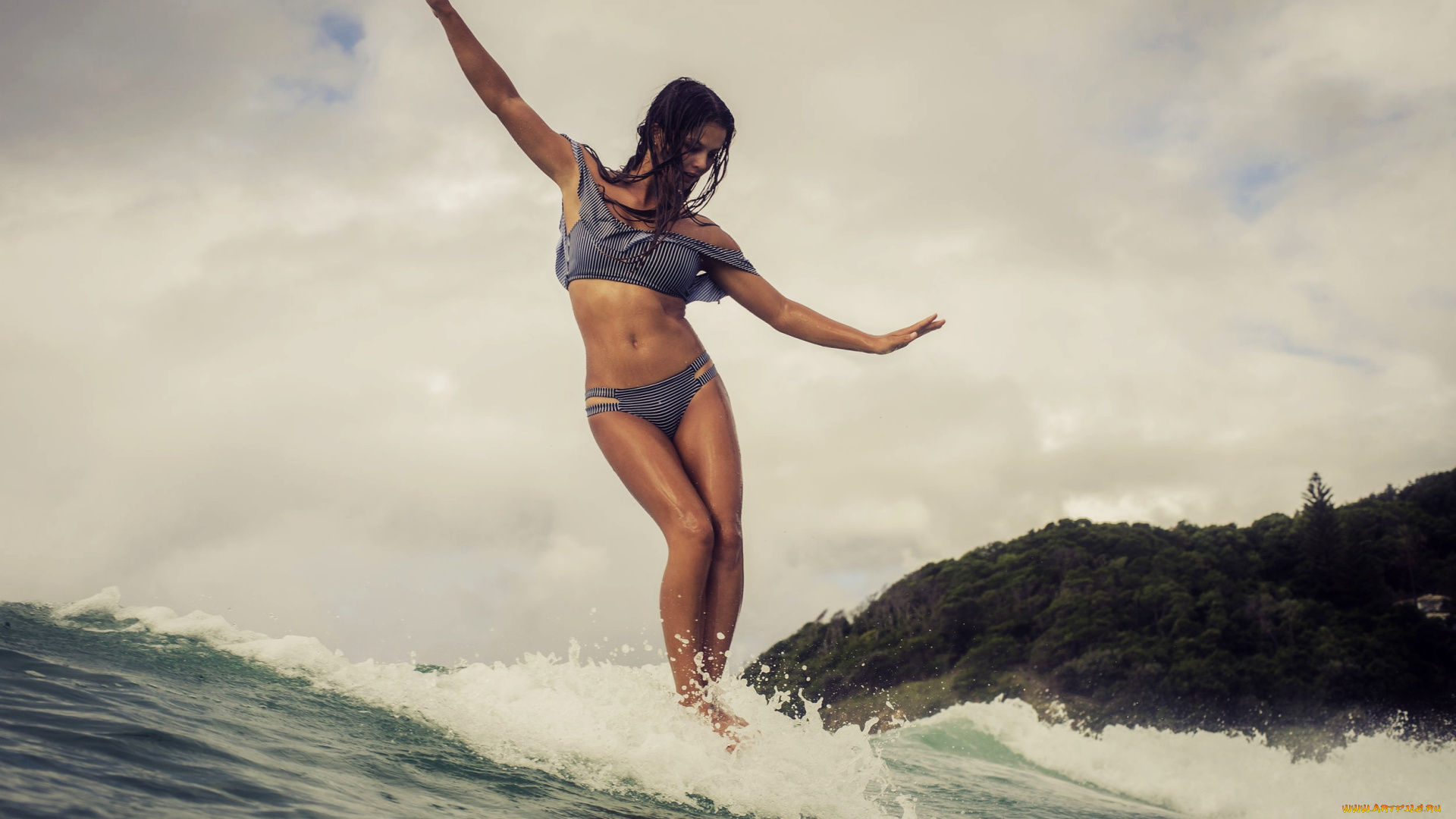 спорт, серфинг, доска, волна, девушка, взгляд, фон