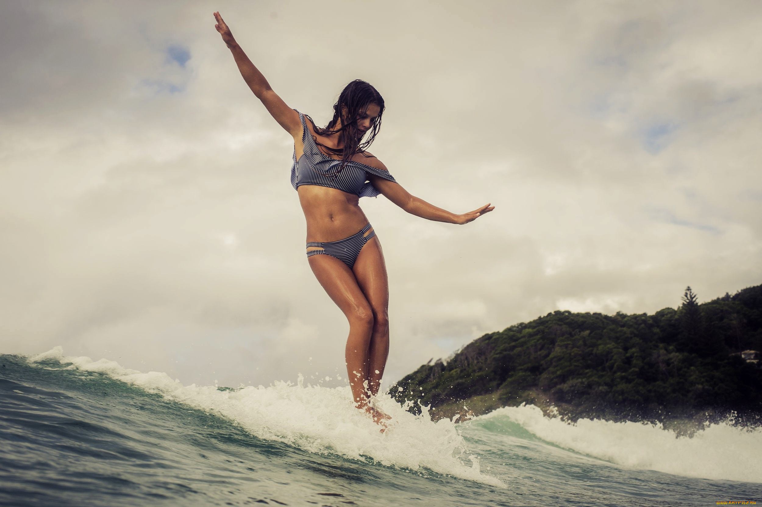 спорт, серфинг, доска, волна, девушка, взгляд, фон