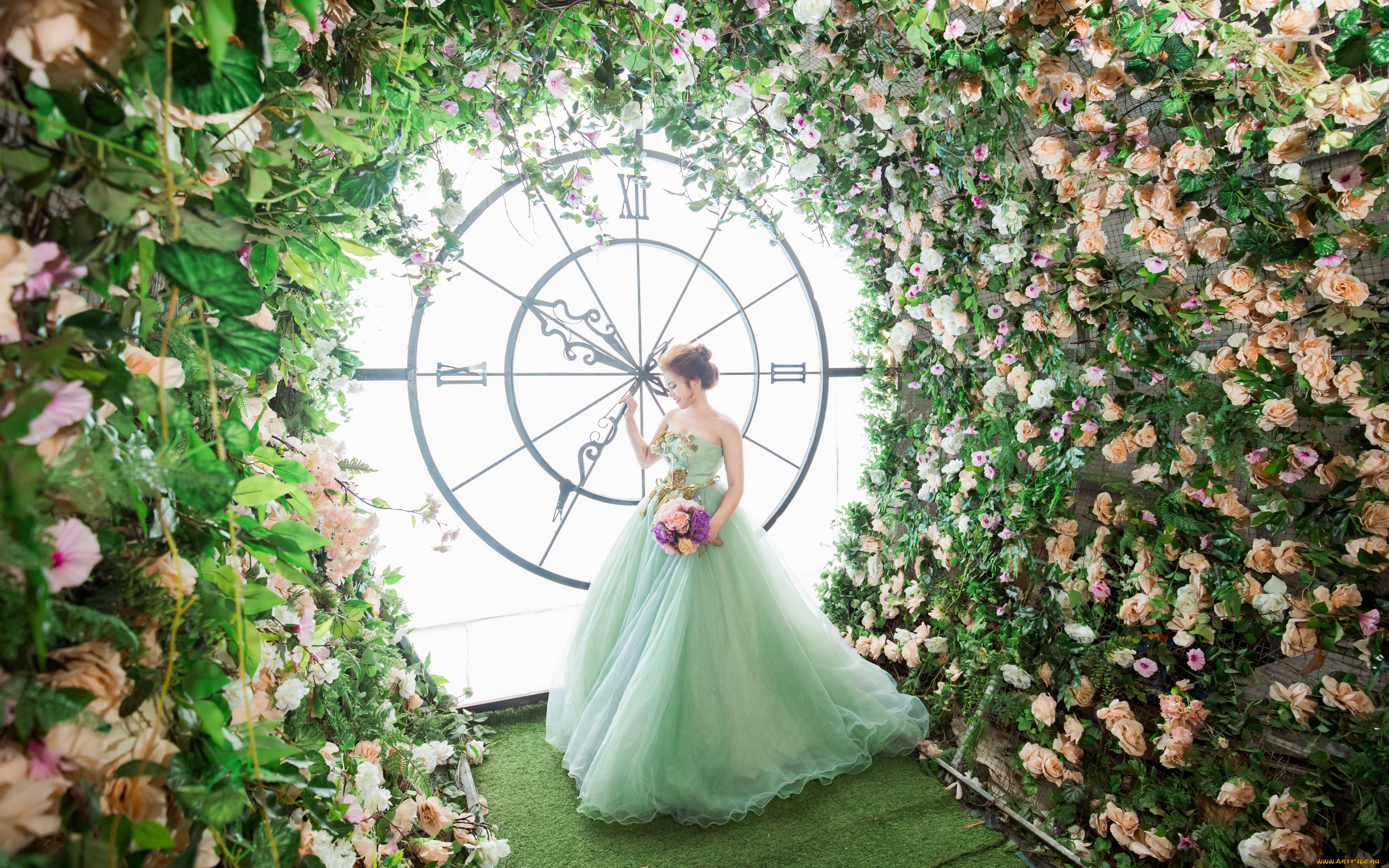 девушки, -unsort, , азиатки, часы, девушка, цветы, платье, азиатка