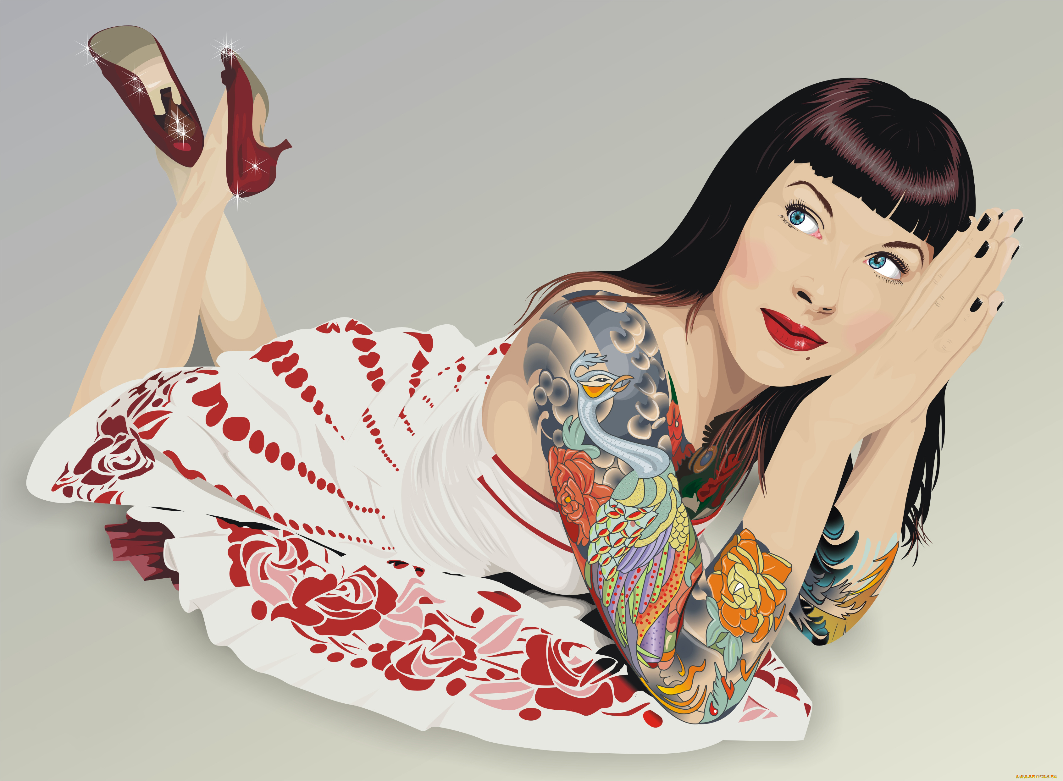 рисованное, люди, взгляд, тату, фон, девушка