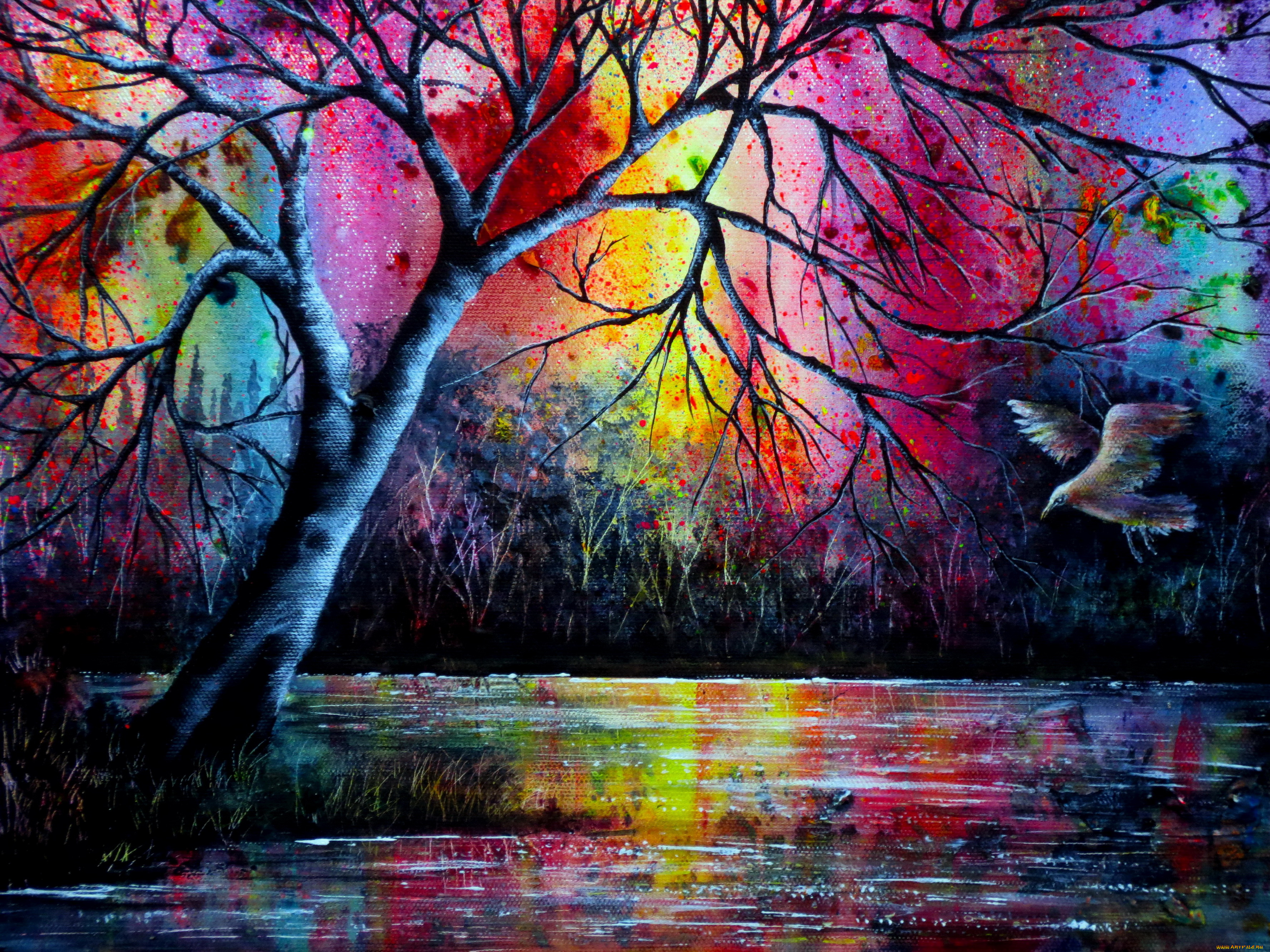 рисованное, природа, птица, фон