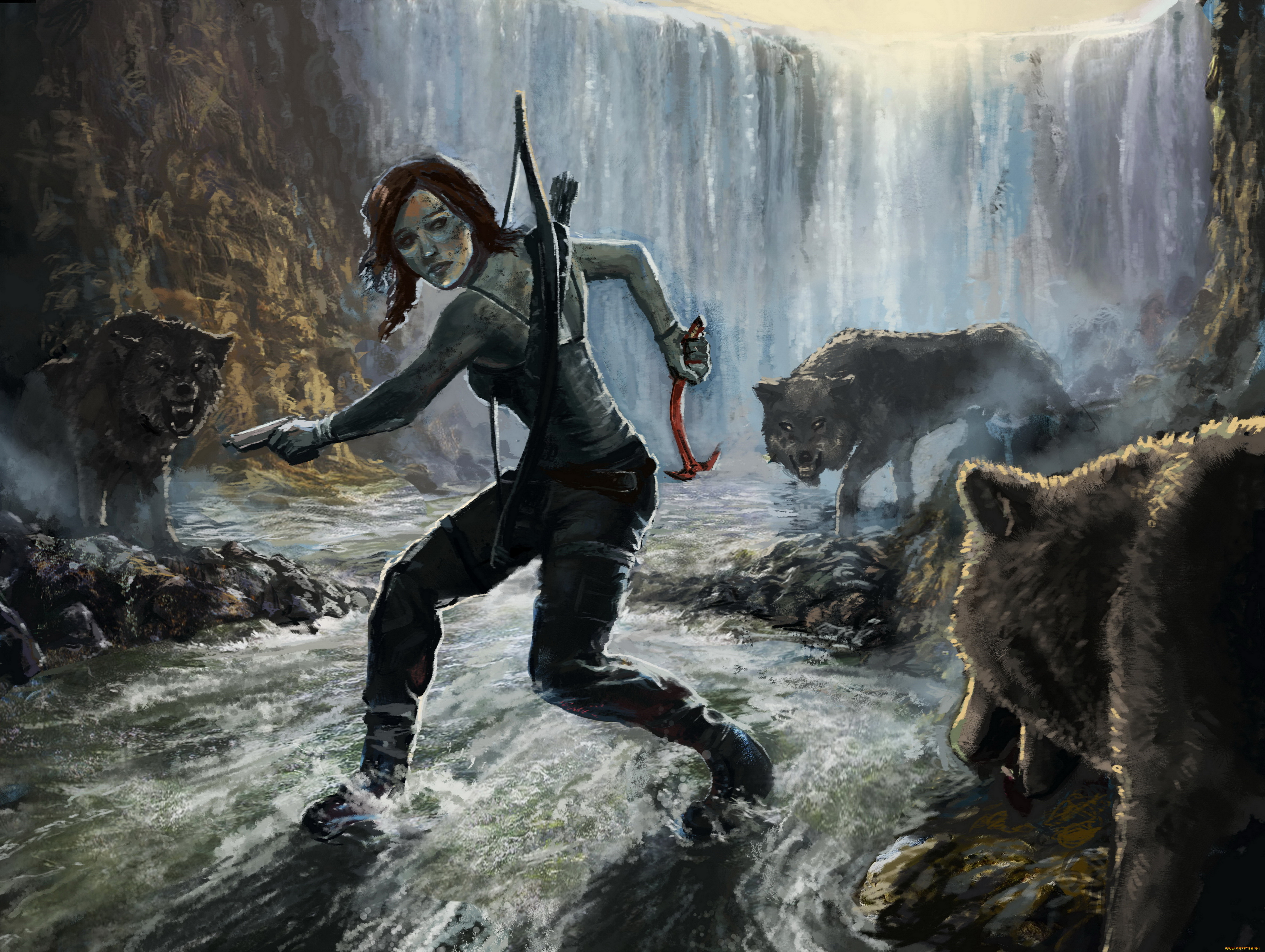 рисованное, комиксы, ледоруб, волк, взгляд, фон, девушка