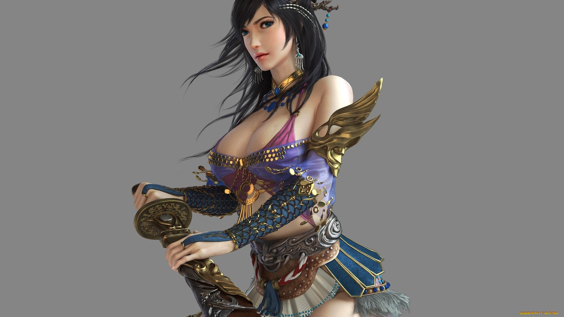 3д, графика, фантазия, , fantasy, девушка, оружие, фон, взгляд