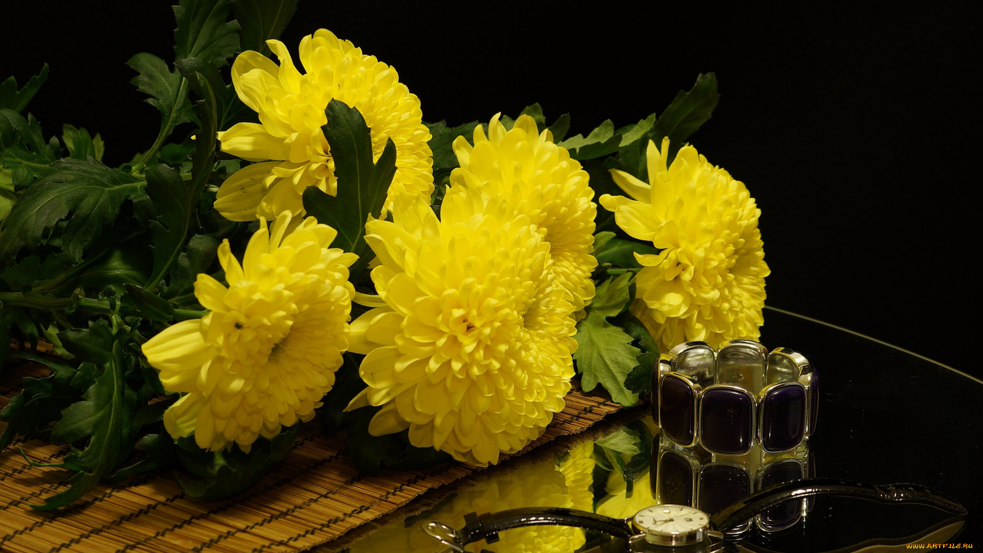 цветы, хризантемы, натюрморт, желтое, на, черном