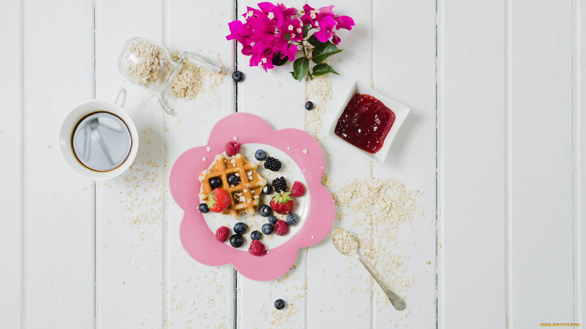 еда, разное, ягоды, завтрак, джем, вафля, овсянка