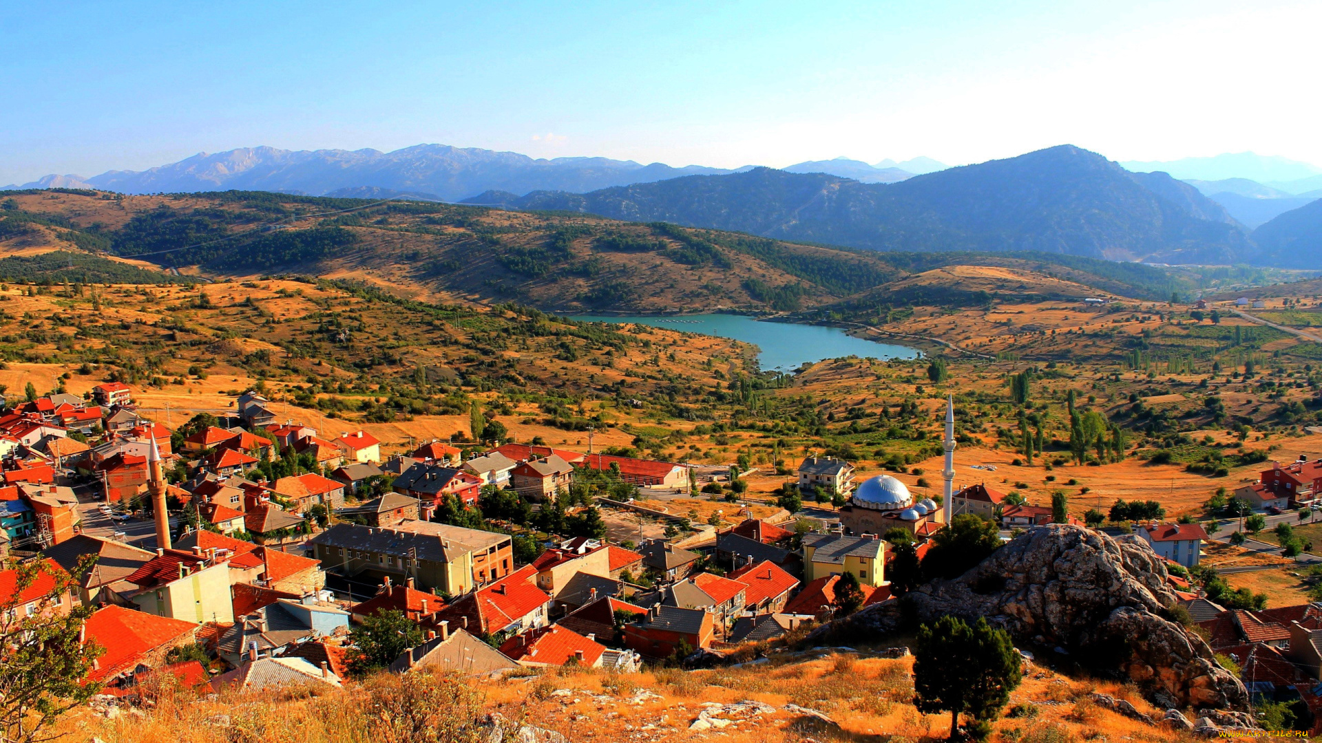города, -, панорамы, мечеть, горы, городок, озеро