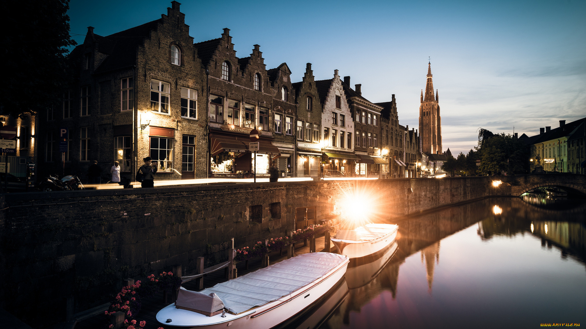 города, брюгге, , бельгия, вечер, лодки, канал