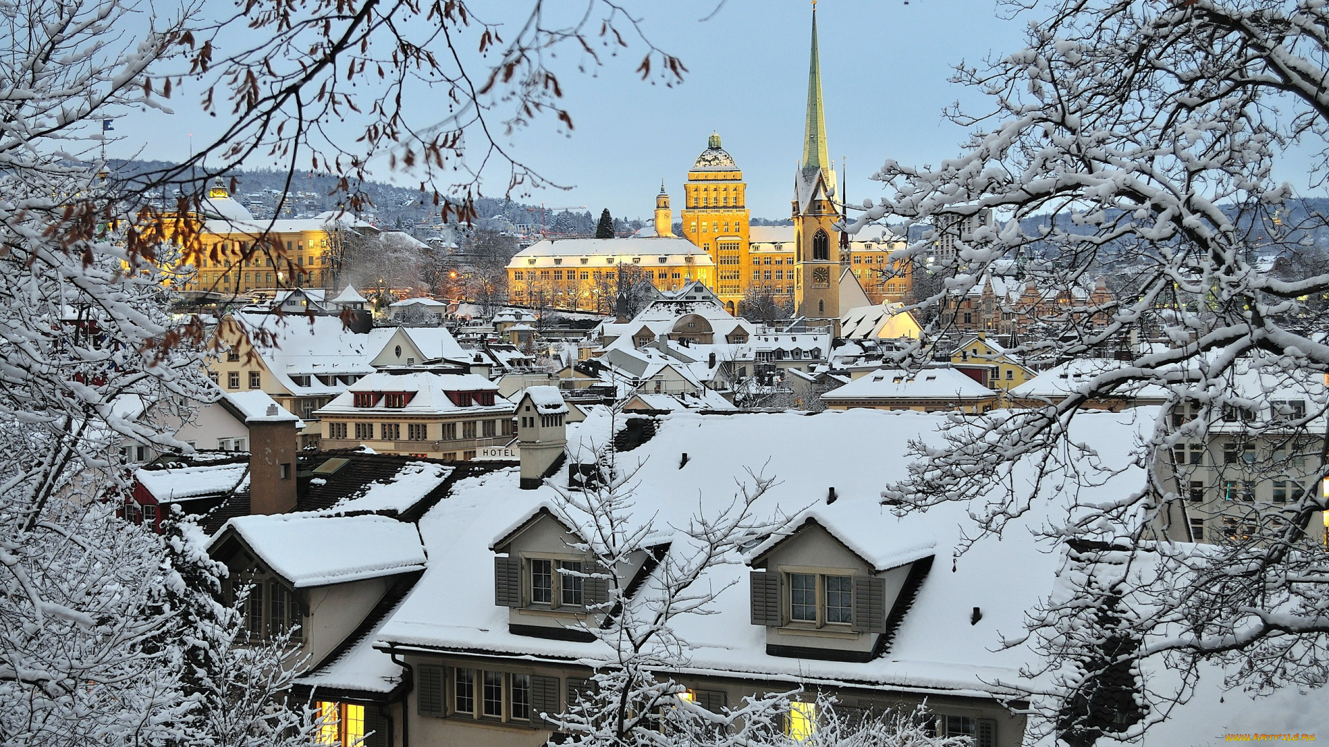 города, цюрих, , швейцария, снег, зима, крыши