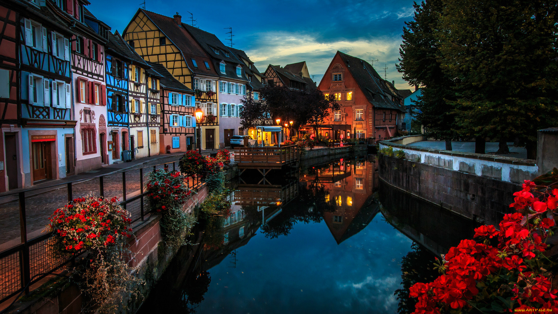города, кольмар, , франция, дома, вечер, цветы, канал