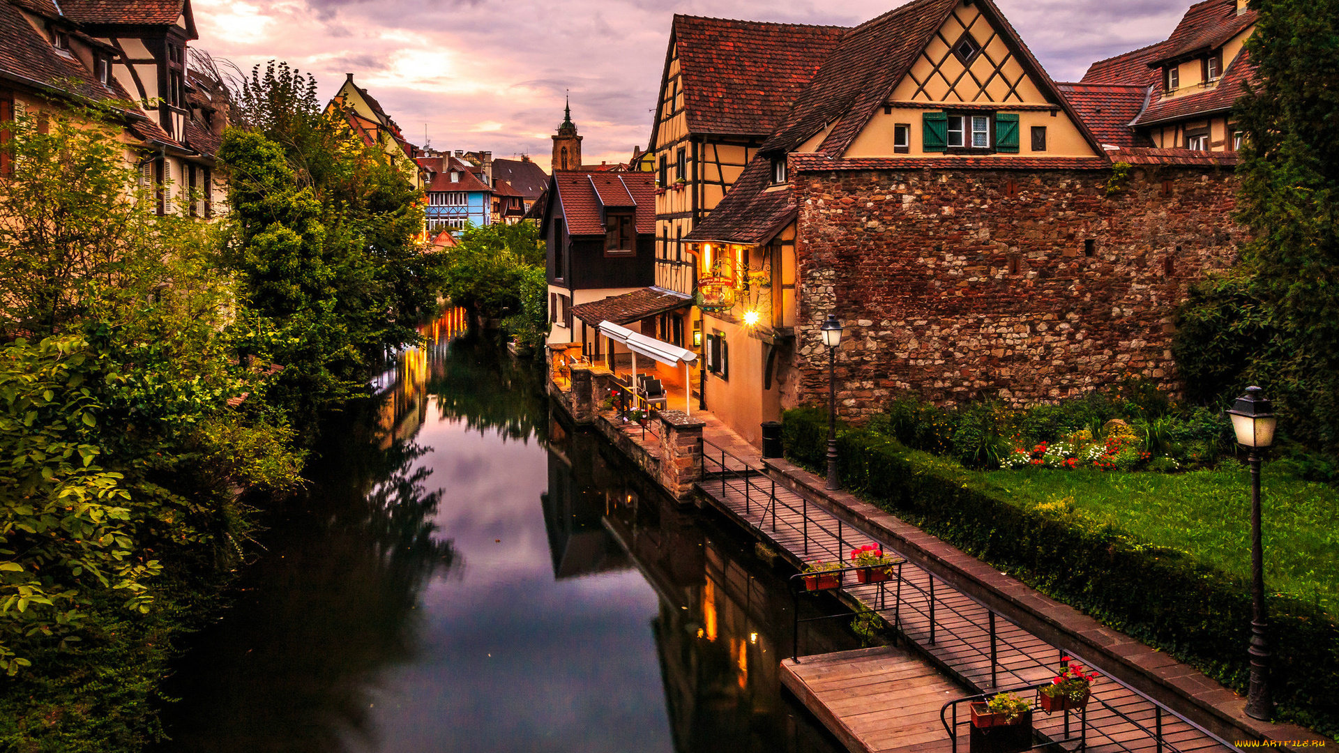 города, кольмар, , франция, фонари, дома, канал