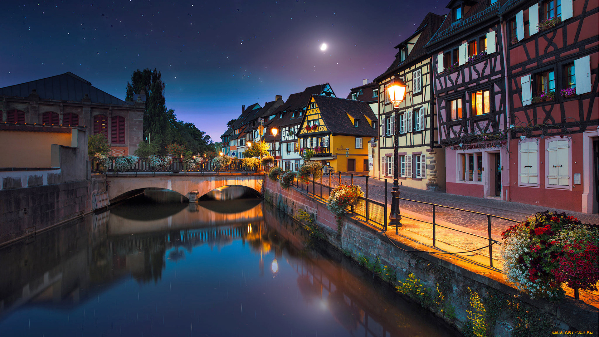 города, кольмар, , франция, мост, канал, вечер