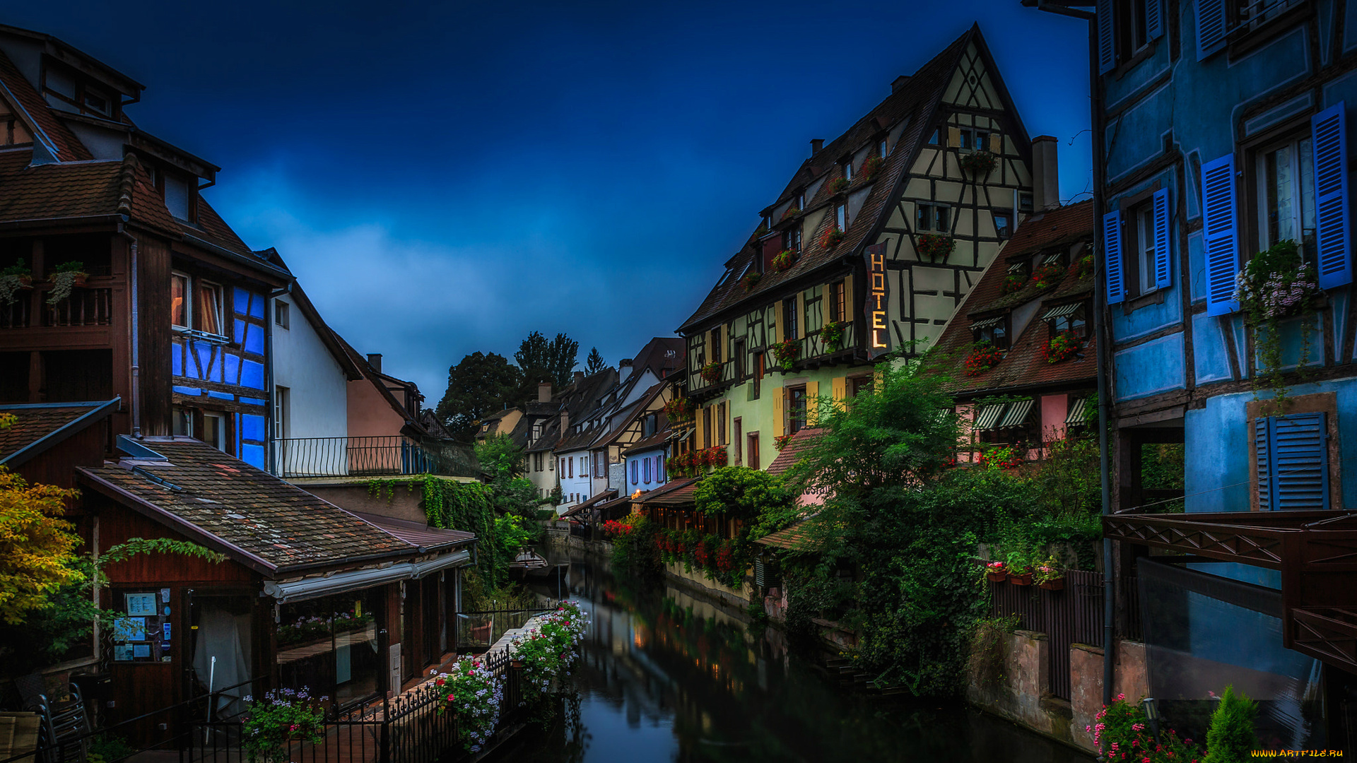 города, кольмар, , франция, вечер, дома, канал