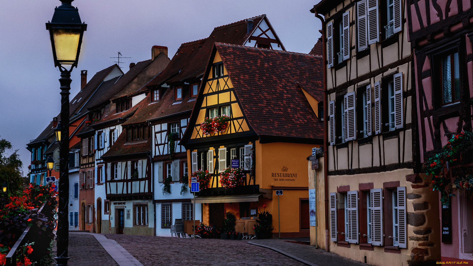 города, кольмар, , франция, вечер, фонарь, цветы, улица