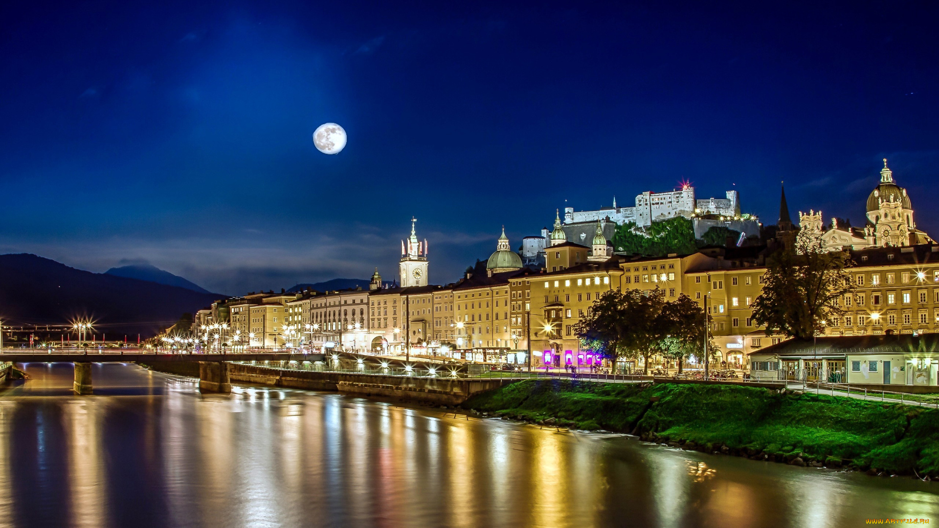 города, зальцбург, , австрия, мост, река, ночь, луна