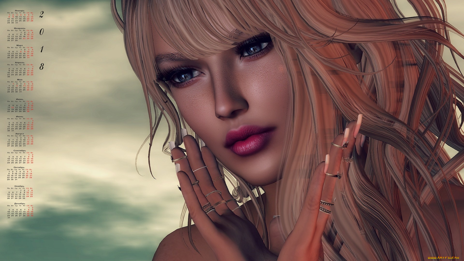 календари, 3д-графика, лицо, женщина, 2018, взгляд