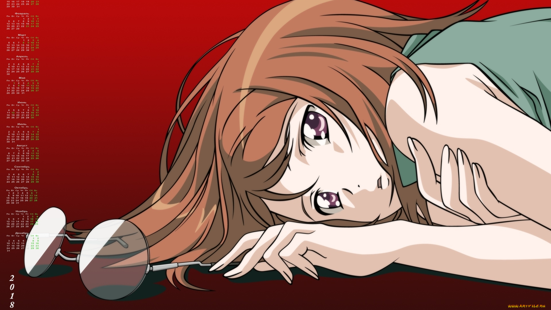календари, аниме, очки, взгляд, девушка, 2018