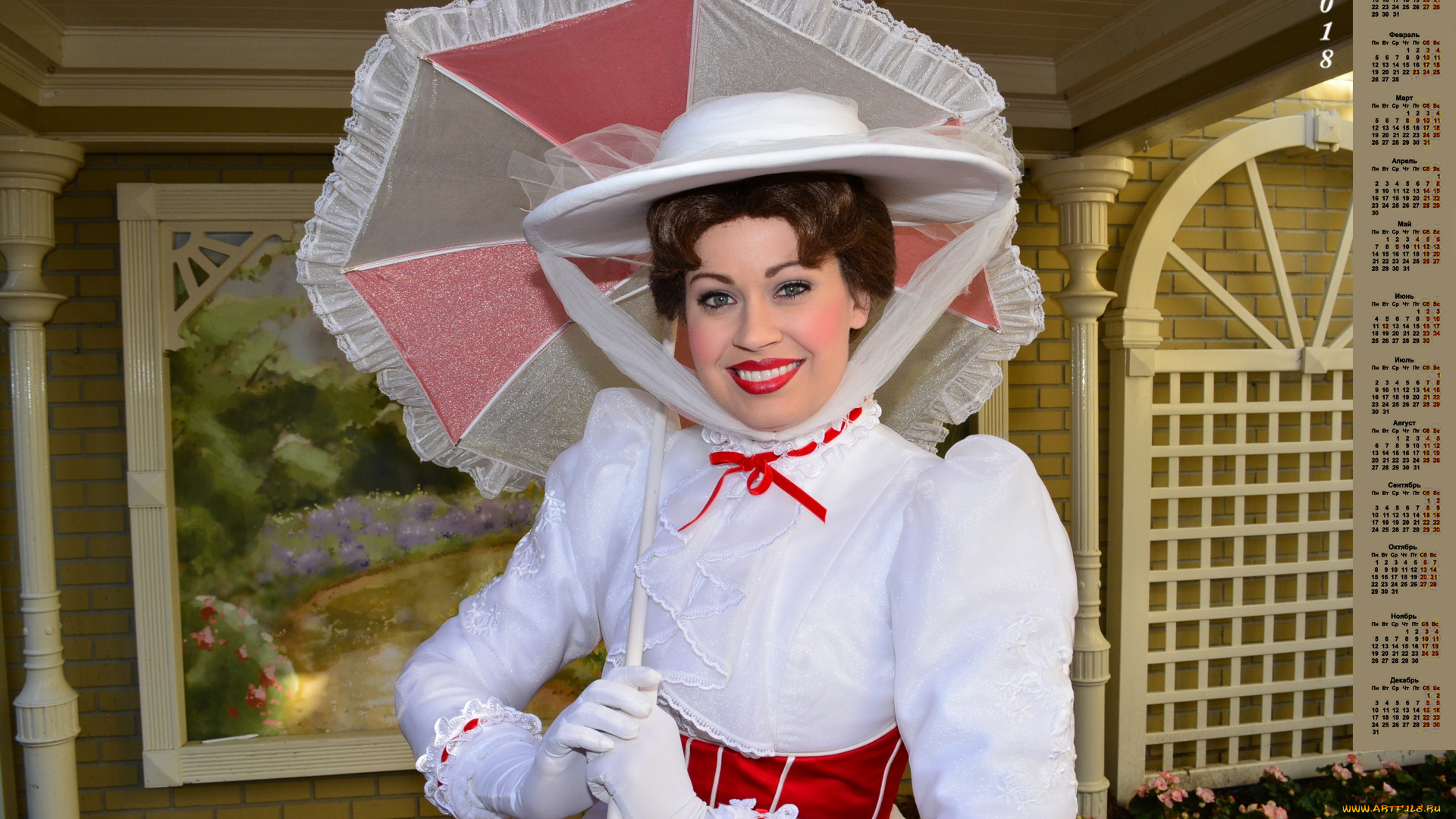 календари, девушки, 2018, шляпа, улыбка, взгляд, макияж, зонт