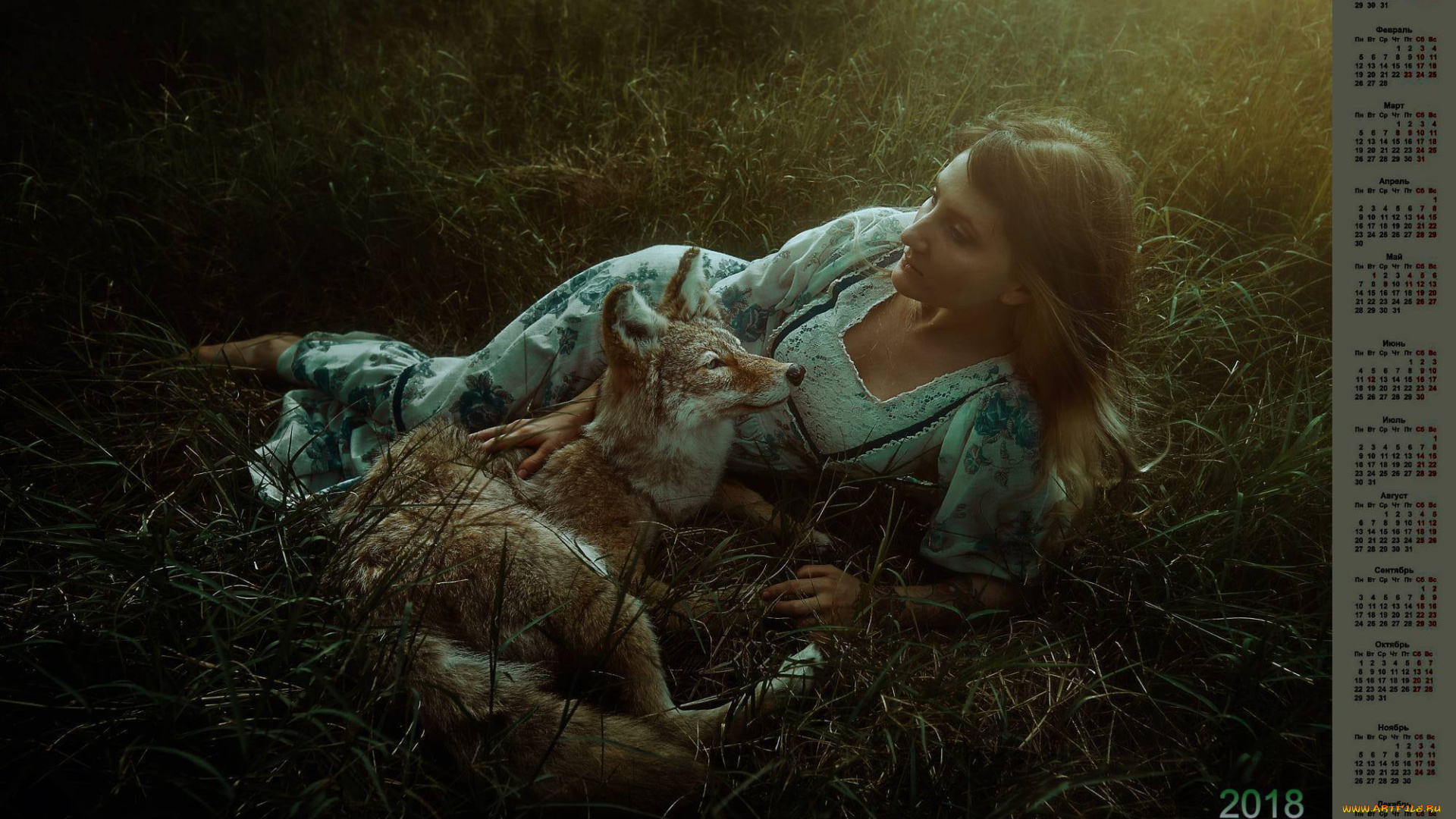 календари, девушки, лиса, трава, профиль, 2018