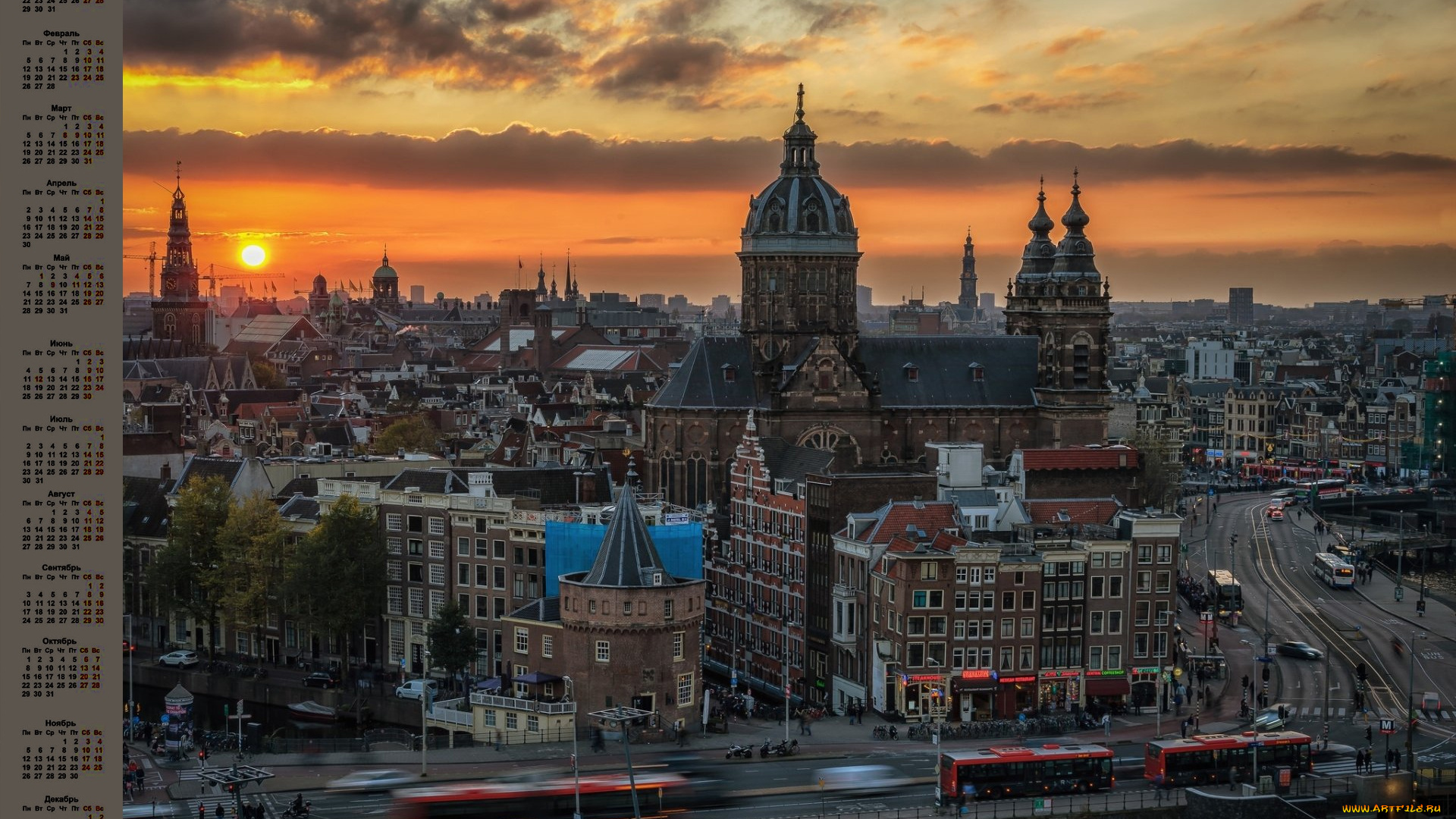 календари, города, здание, 2018, транспорт, закат, автобус, облака