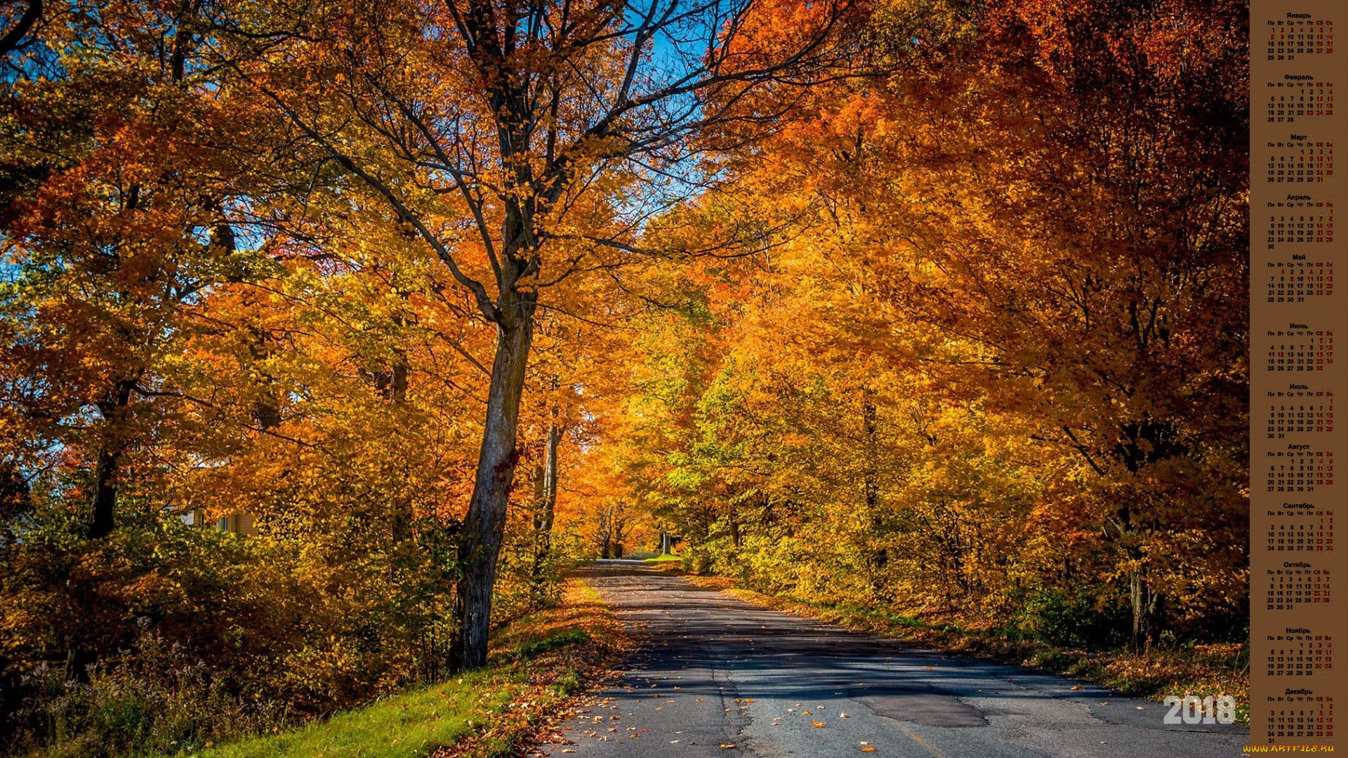календари, природа, дорога, 2018, деревья