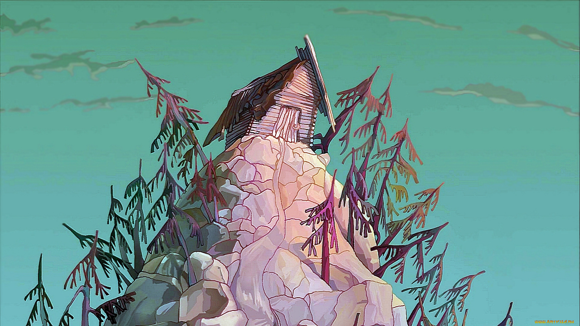 рисованное, города, деревья, дом, холм