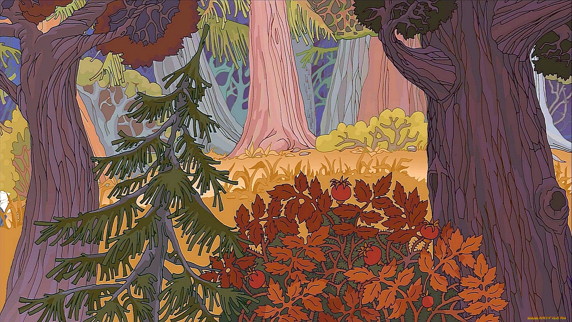 рисованное, природа, деревья, лес