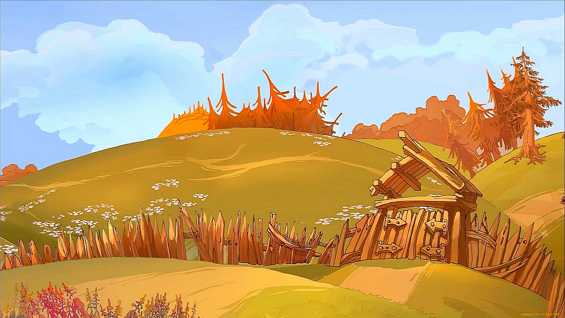 рисованное, природа, ворота, забор, деревья