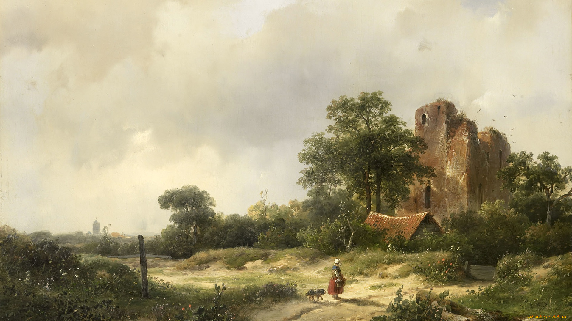 рисованное, живопись, дерево, картина, масло, андреас, схелфхаут, пейзаж, с, руинами, замка, бредероде, в, сантпоорте