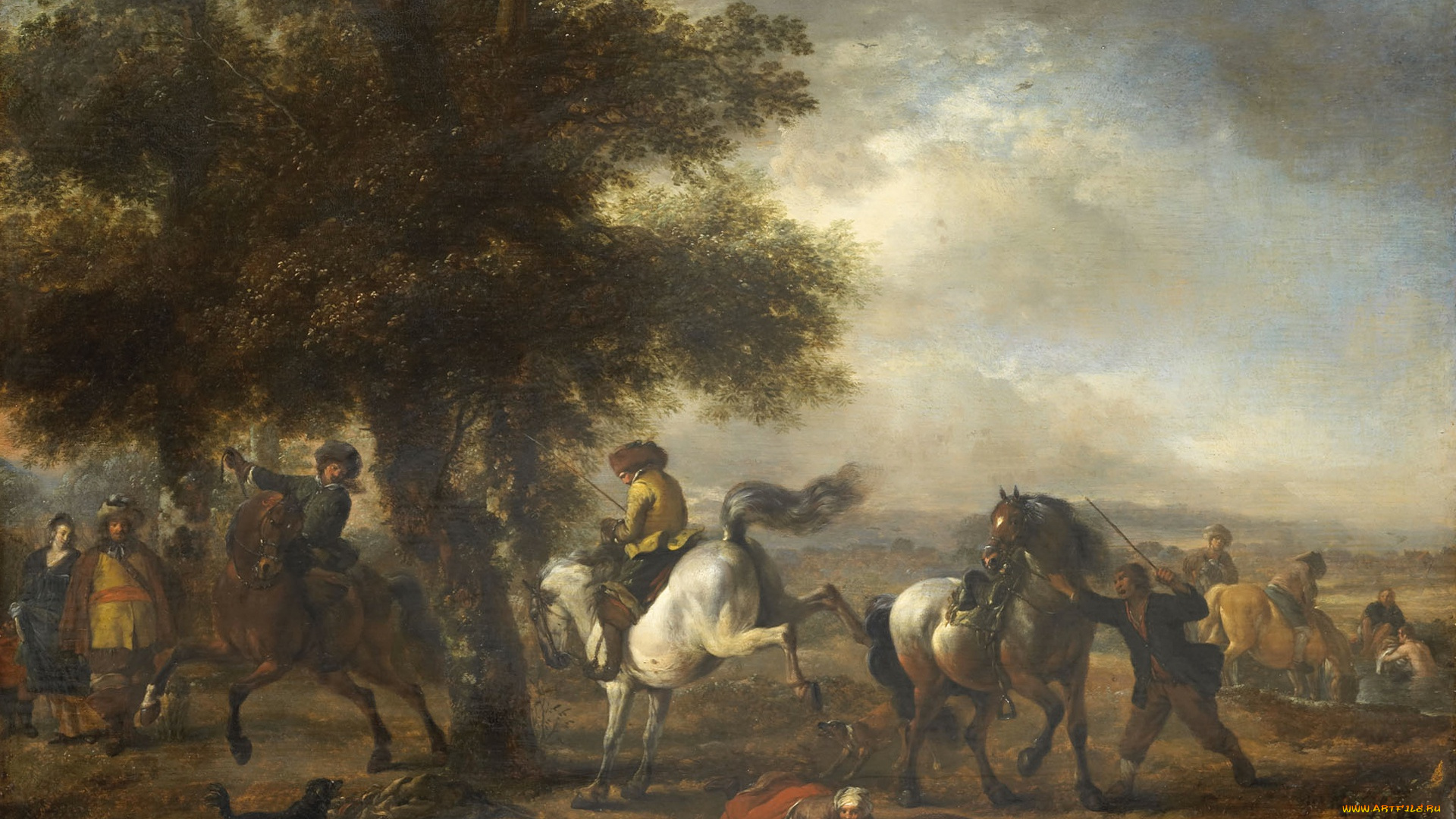 рисованное, живопись, картина, филипс, вауэрман, масло, пейзаж, дерево, французский, наездник