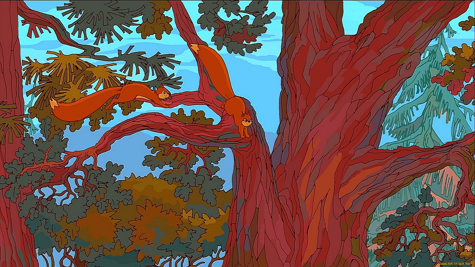 рисованное, животные, , белки, дерево