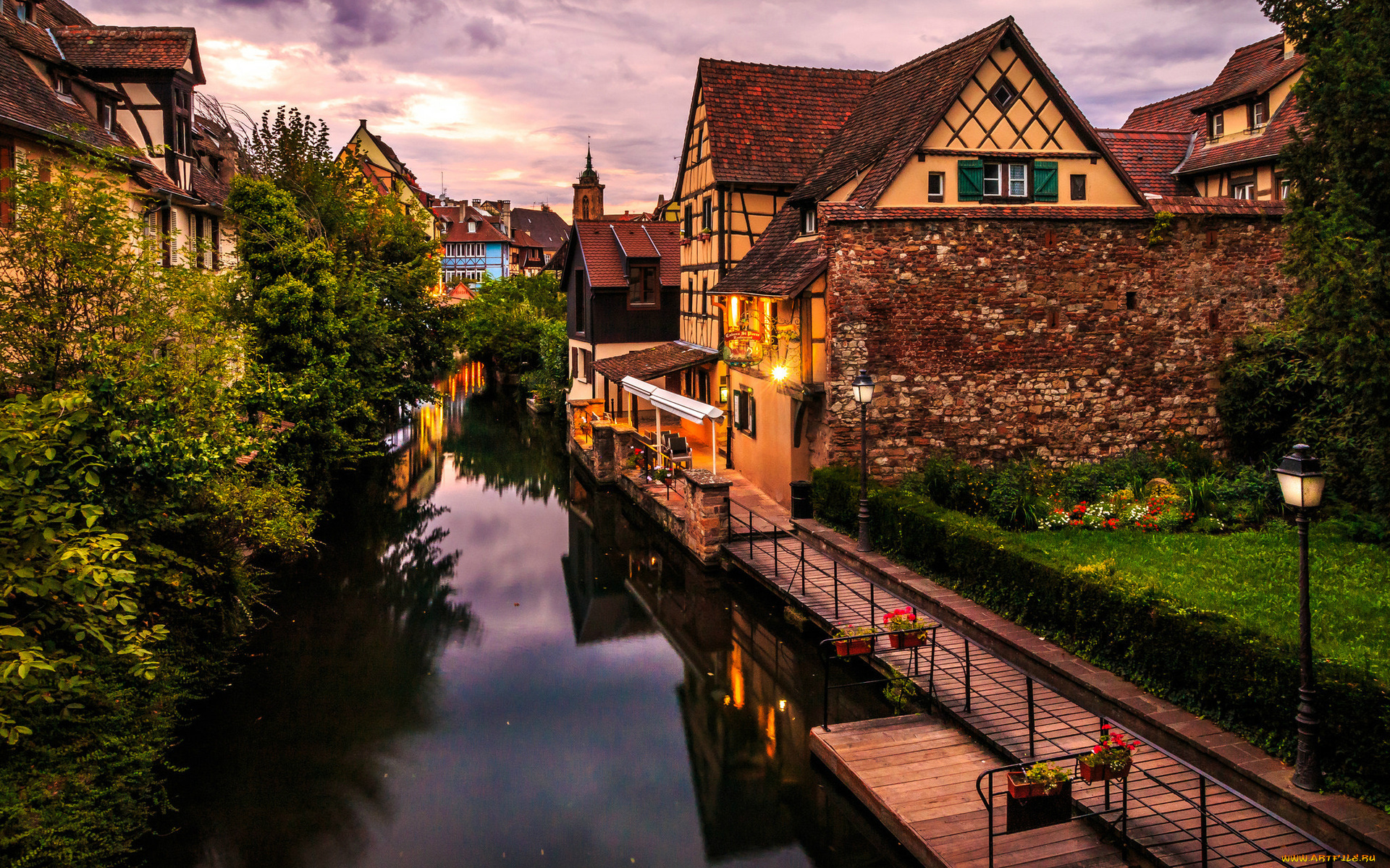города, кольмар, , франция, фонари, дома, канал