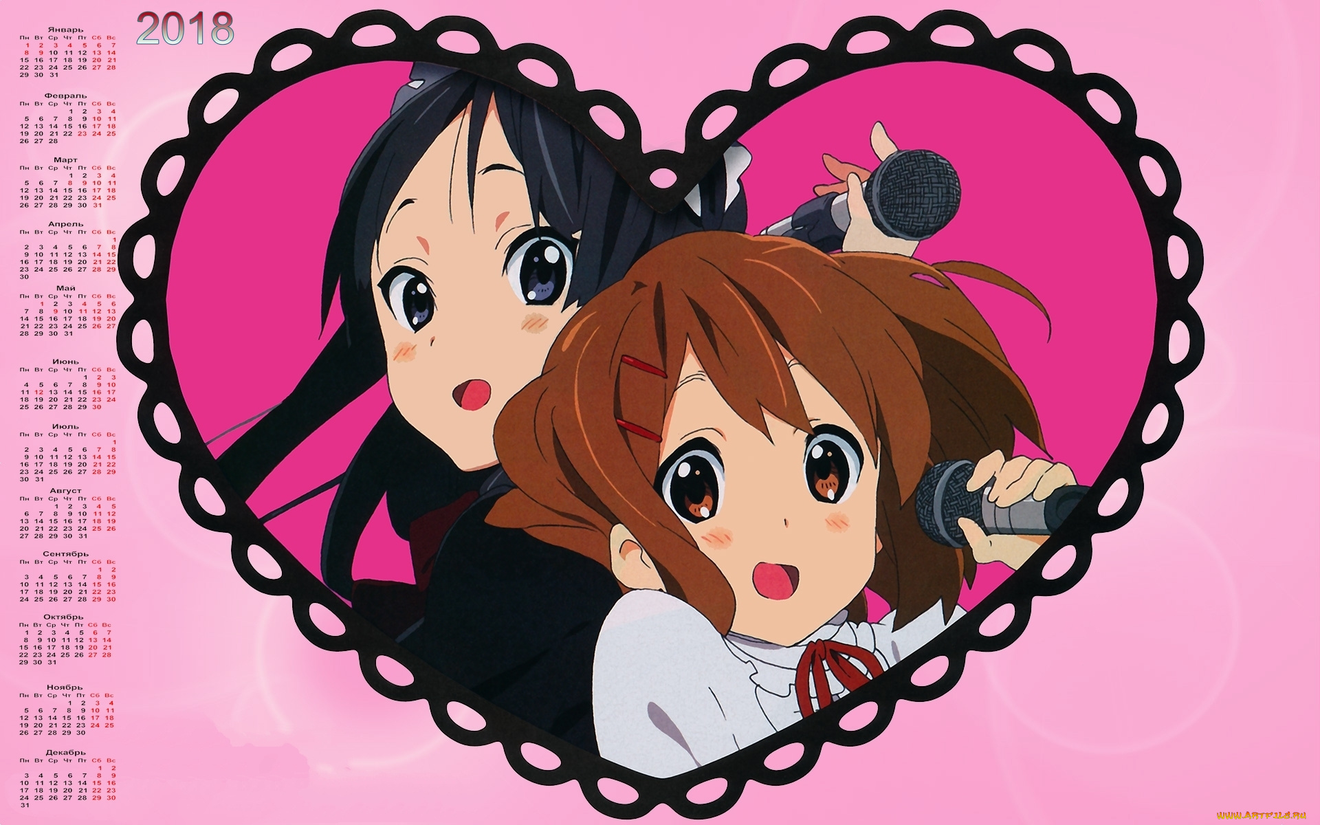 календари, аниме, девочка, 2018, сердце, двое, микрофон
