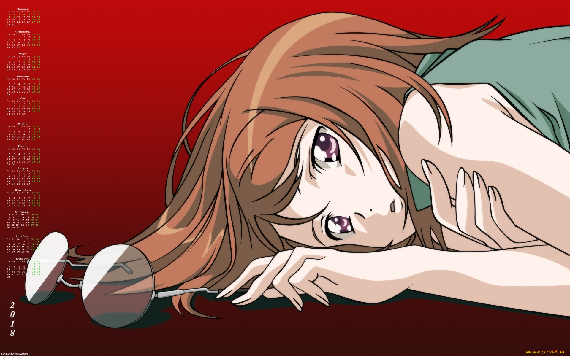 календари, аниме, очки, взгляд, девушка, 2018