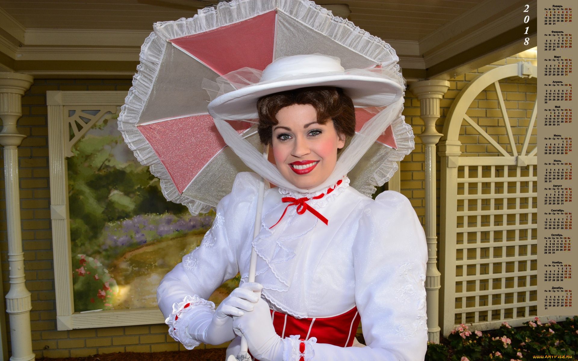 календари, девушки, 2018, шляпа, улыбка, взгляд, макияж, зонт