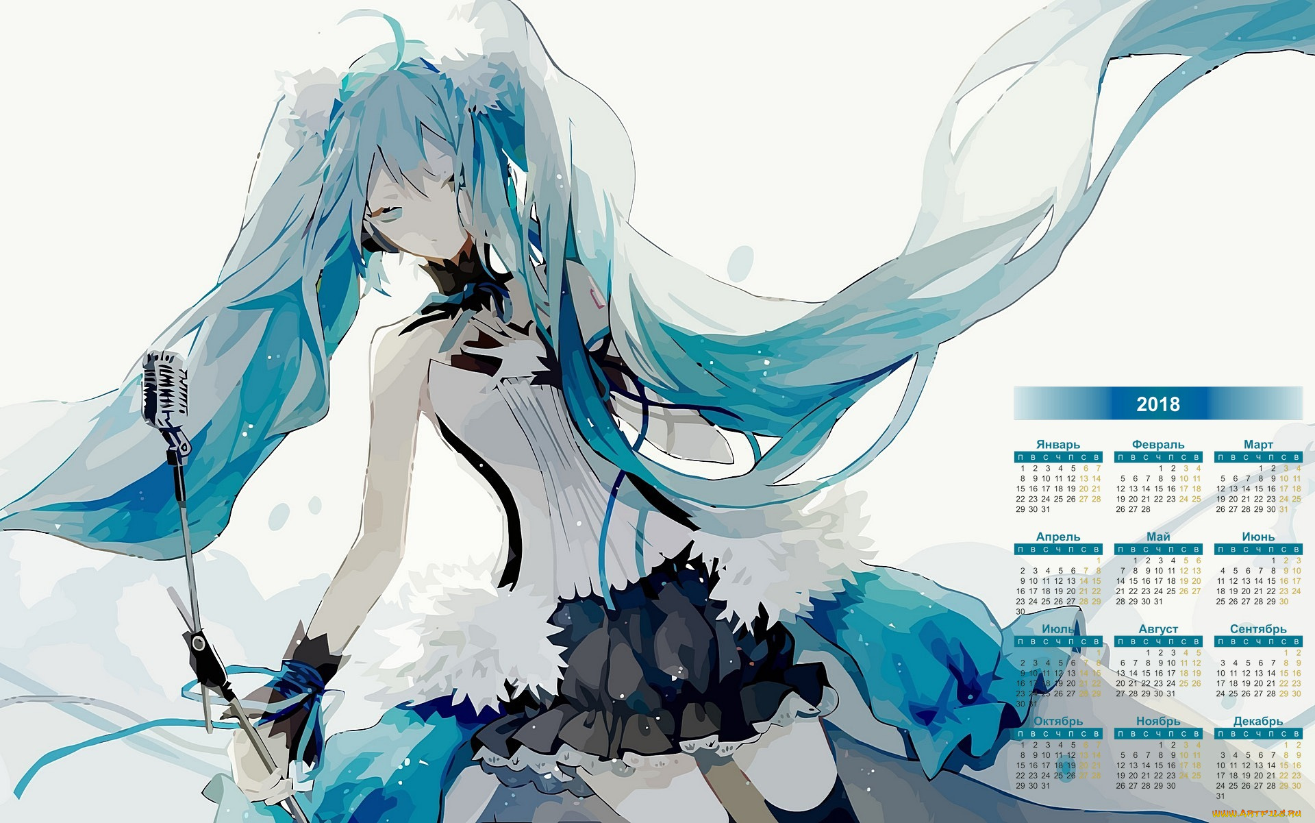 календари, аниме, девушка, микрофон, взгляд, 2018