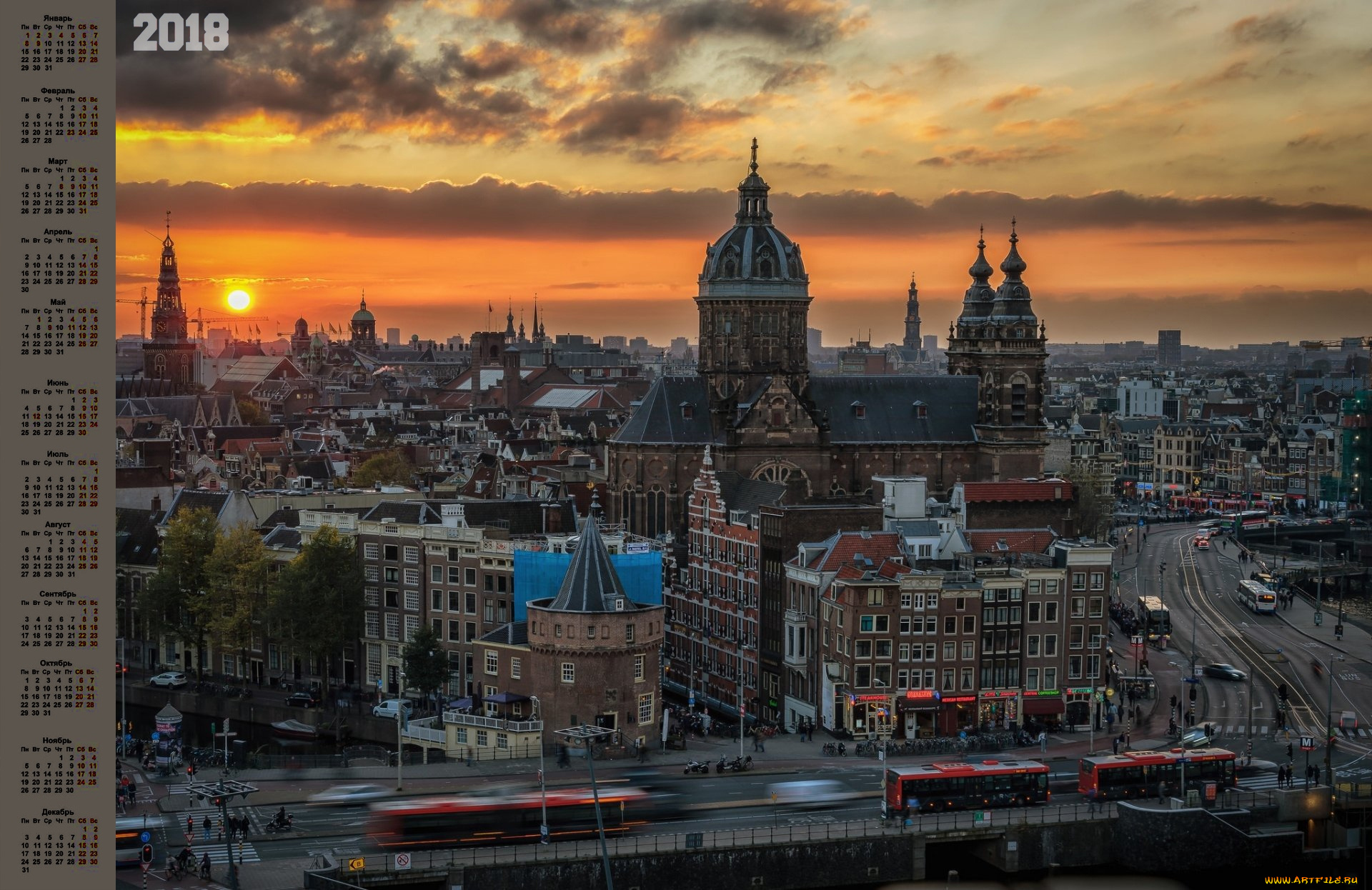 календари, города, здание, 2018, транспорт, закат, автобус, облака