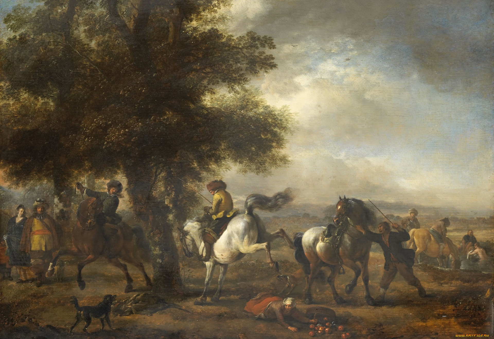 рисованное, живопись, картина, филипс, вауэрман, масло, пейзаж, дерево, французский, наездник