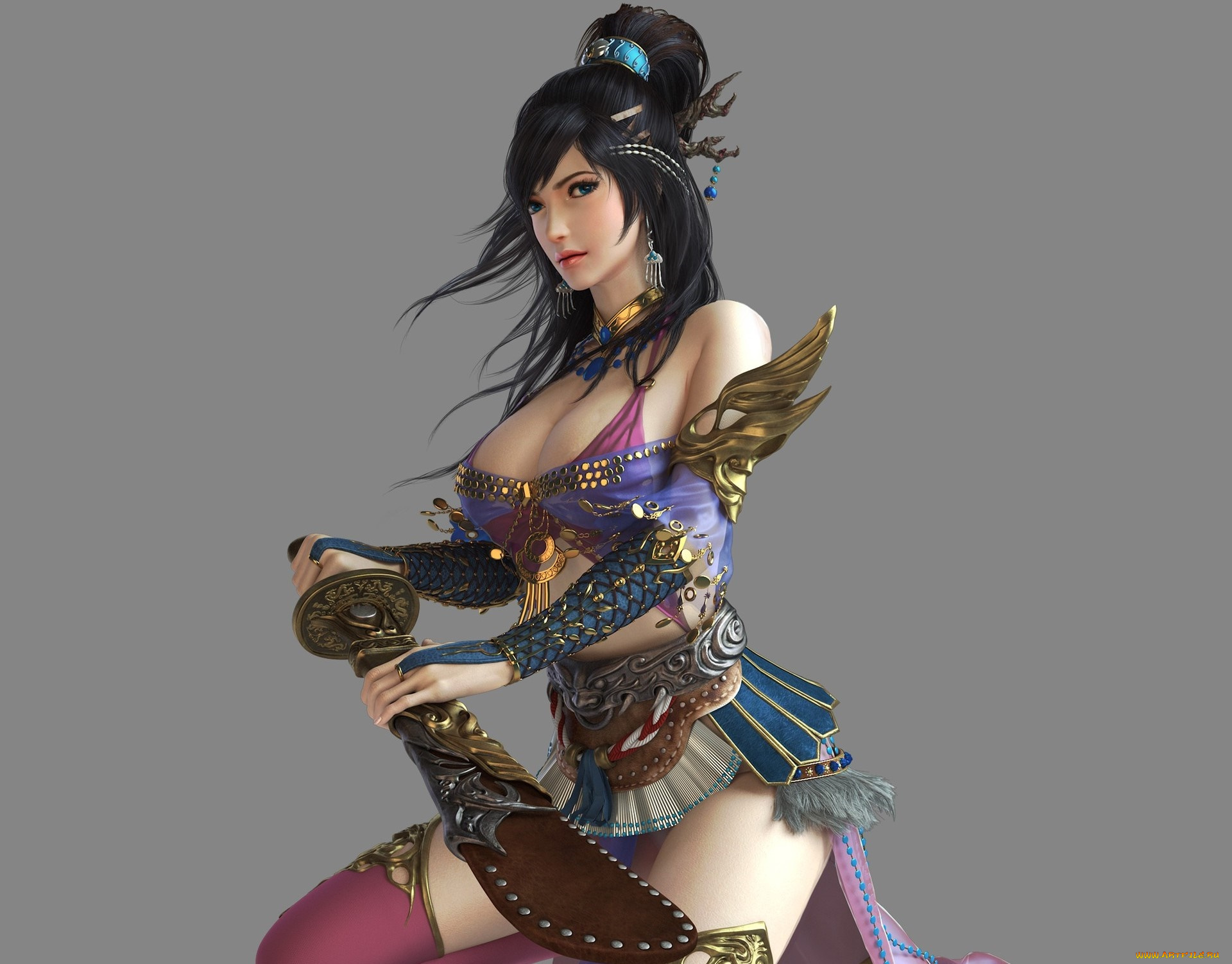 3д, графика, фантазия, , fantasy, девушка, оружие, фон, взгляд