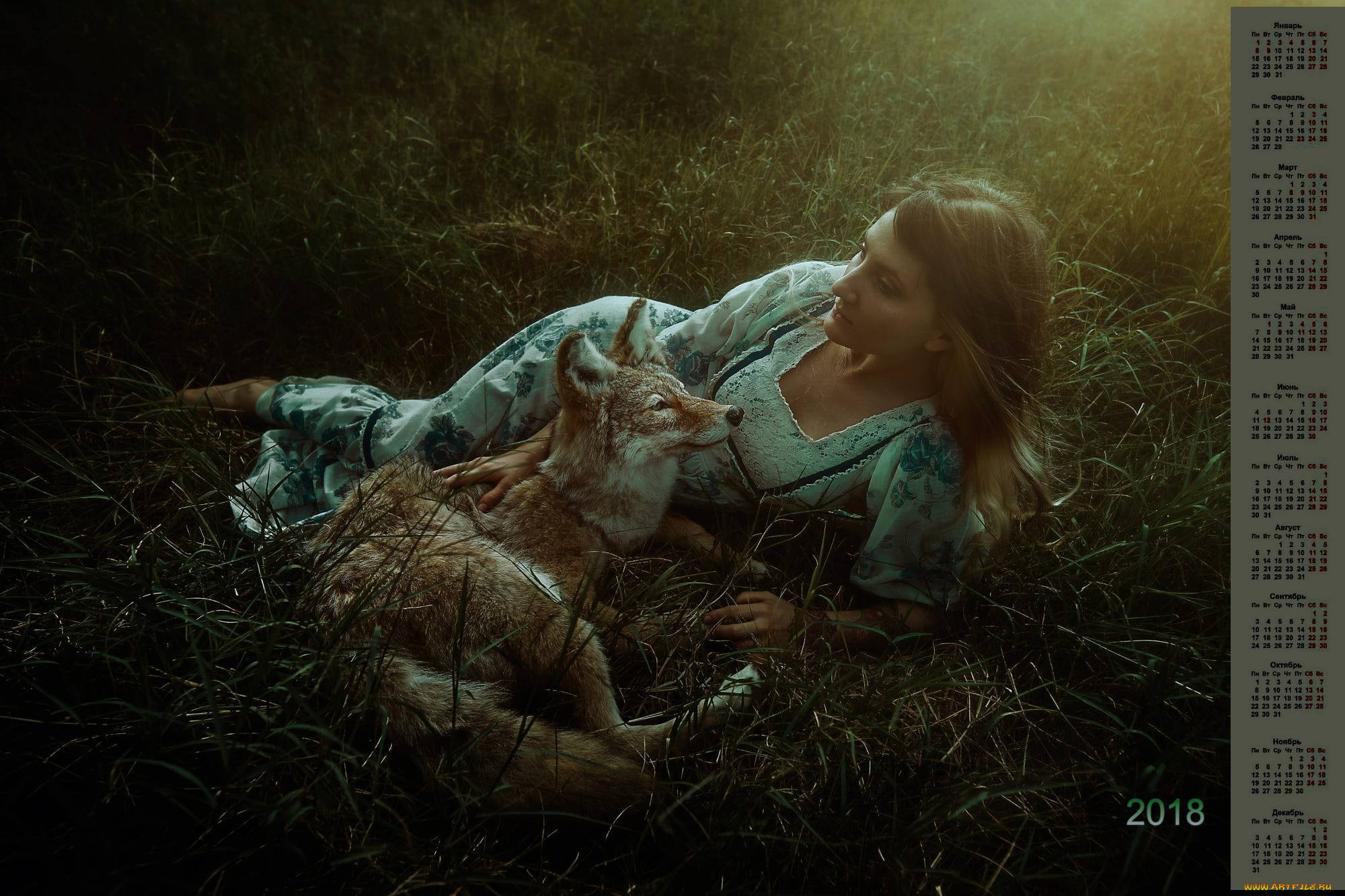 календари, девушки, лиса, трава, профиль, 2018