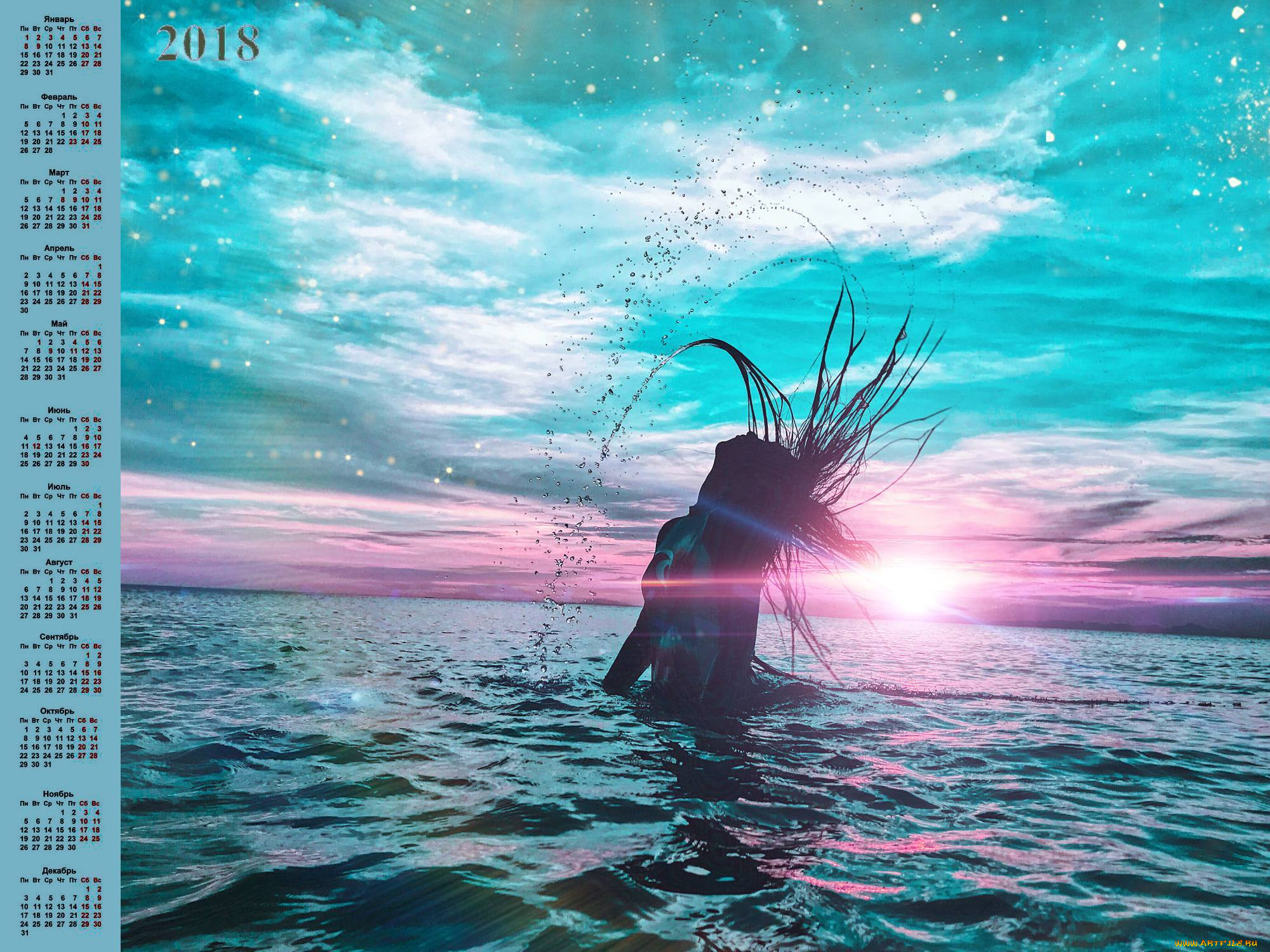 календари, компьютерный, дизайн, брызги, водоем, 2018
