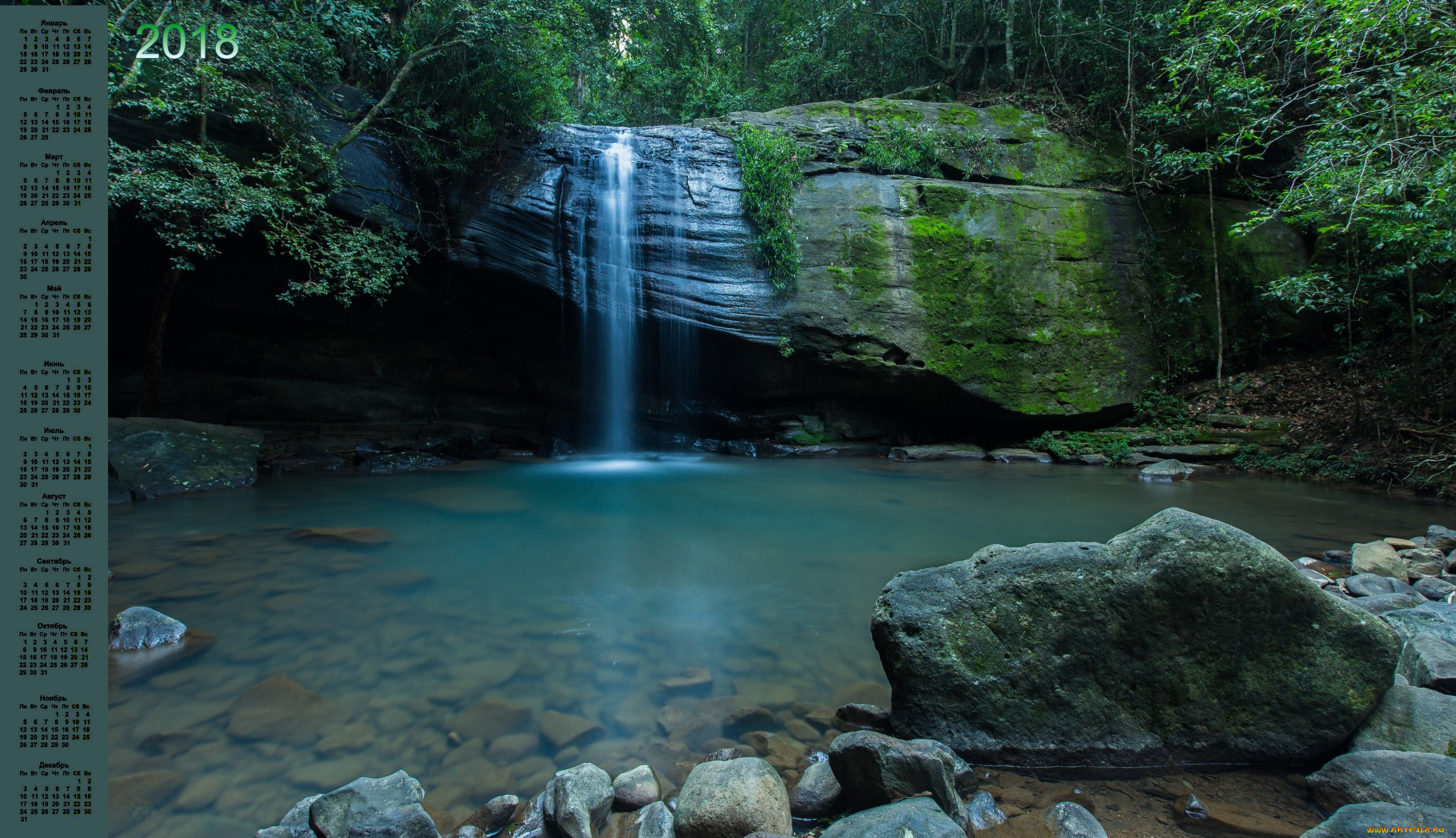 календари, природа, 2018, растения, камни, водопад