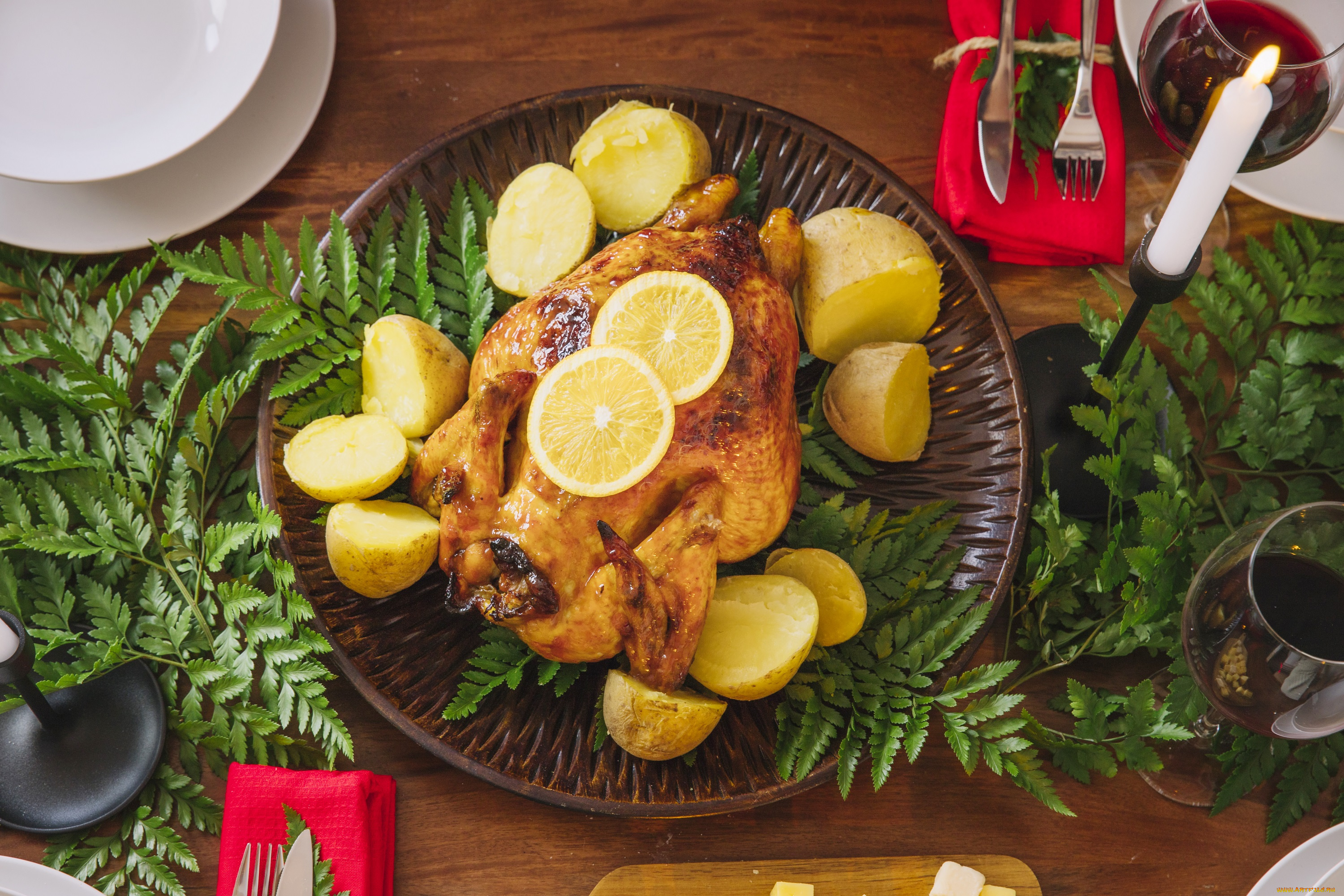 еда, мясные, блюда, запеченная, курица, вино, бокалы, праздник, картофель