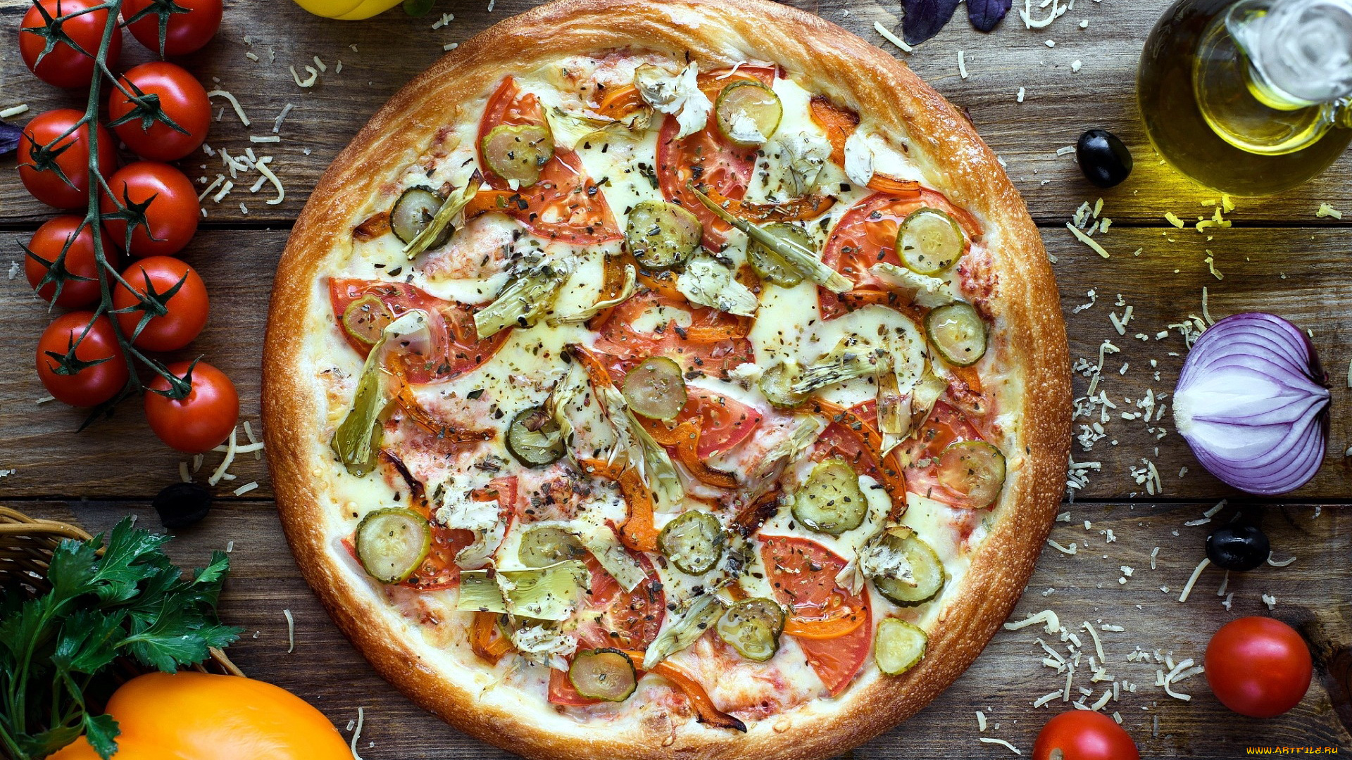 еда, пицца, лук, огурцы, помидоры, томаты