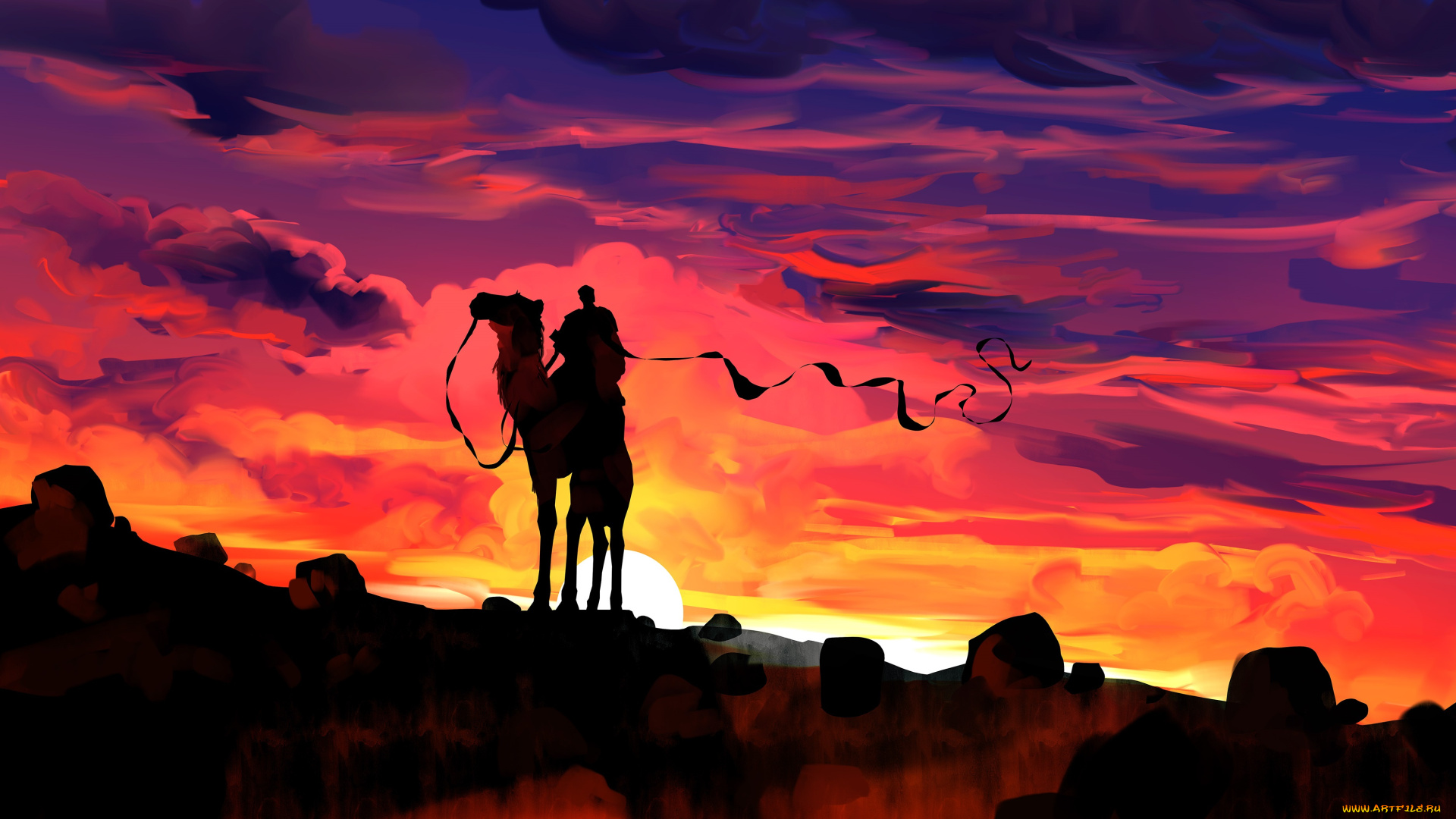 векторная, графика, животные, , animals, закат, верблюд