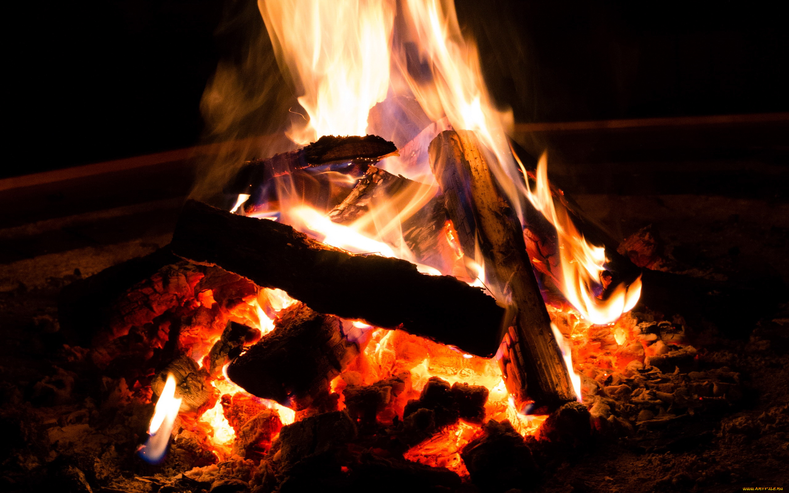 природа, огонь, пламя, поленья, костер