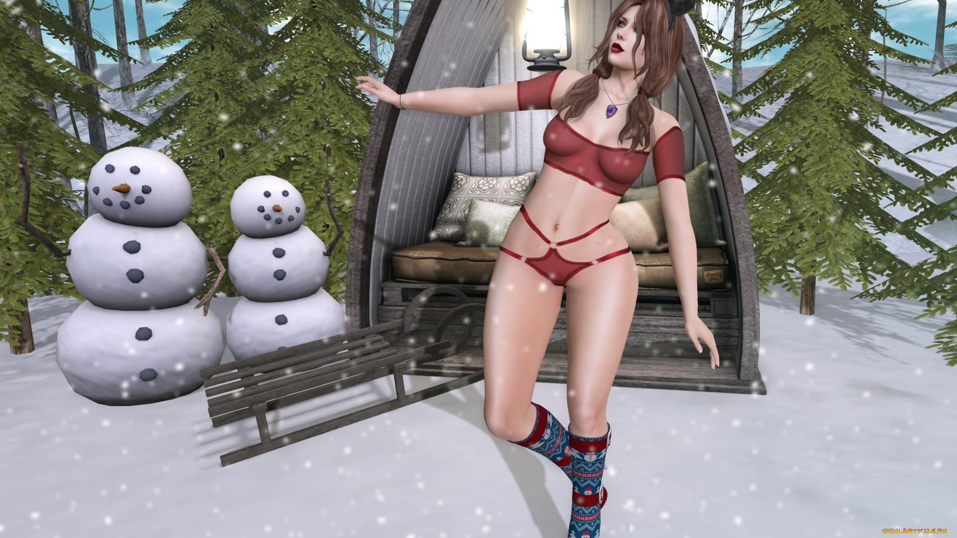 3д, графика, люди, , people, девушка, белье, санки, снеговики, снег, лес, избушка
